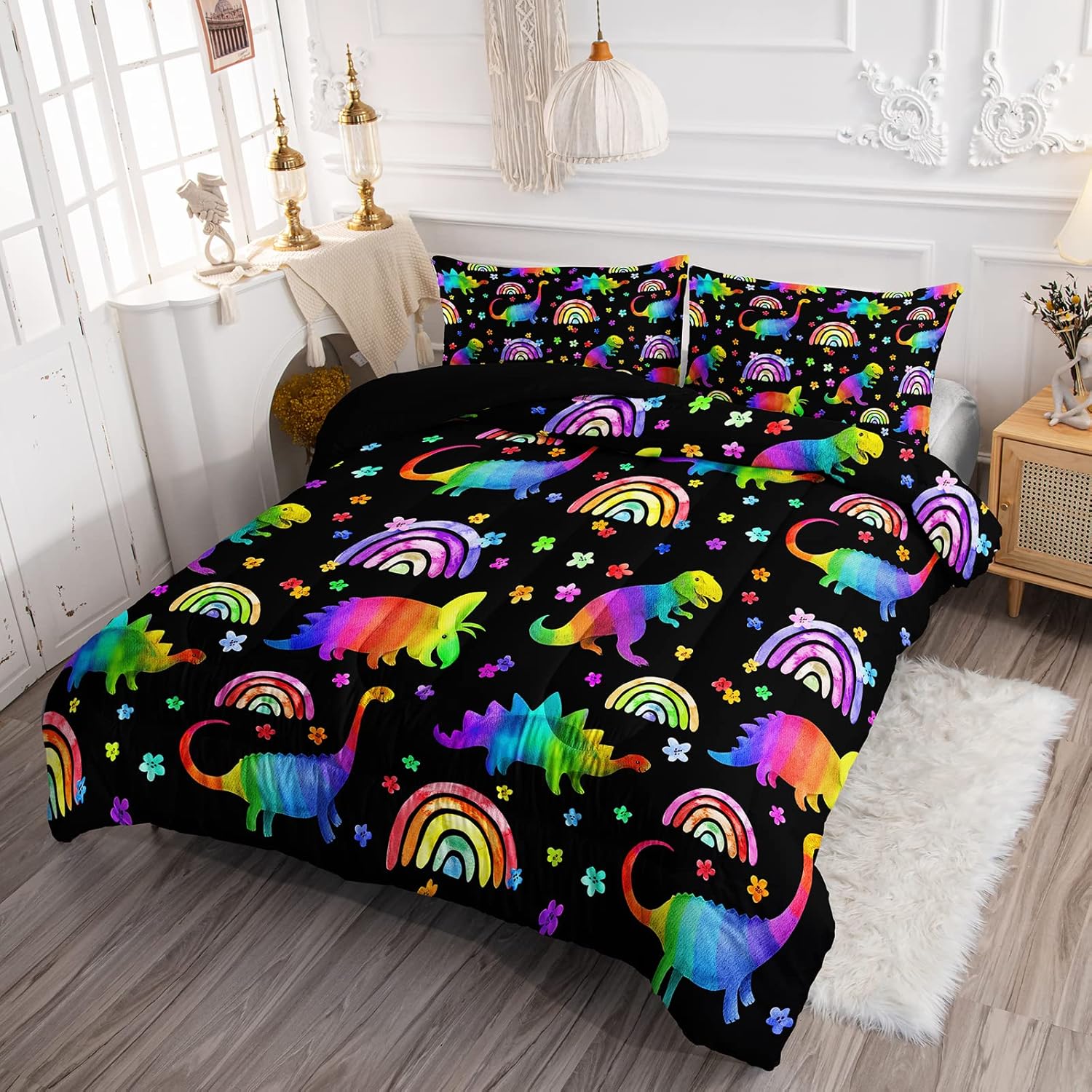 BSNTHO Juego de edredón de dinosaurio arcoíris, juego de ropa de cama de dinosaurio colorido para niños y niñas, edredón de dinosaurio de dibujos