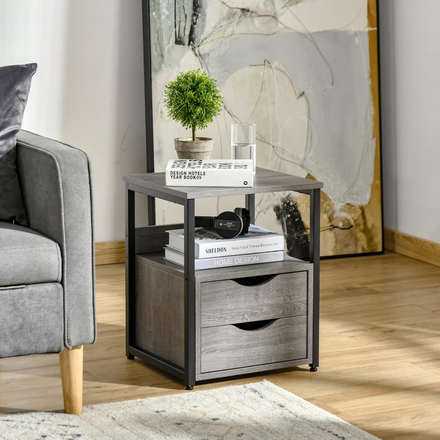 HOMCOM Mesa auxiliar industrial con 2 cajones, mesa auxiliar pequeña con estante de almacenamiento, mesa de sofá decorativa con mango de ranura y