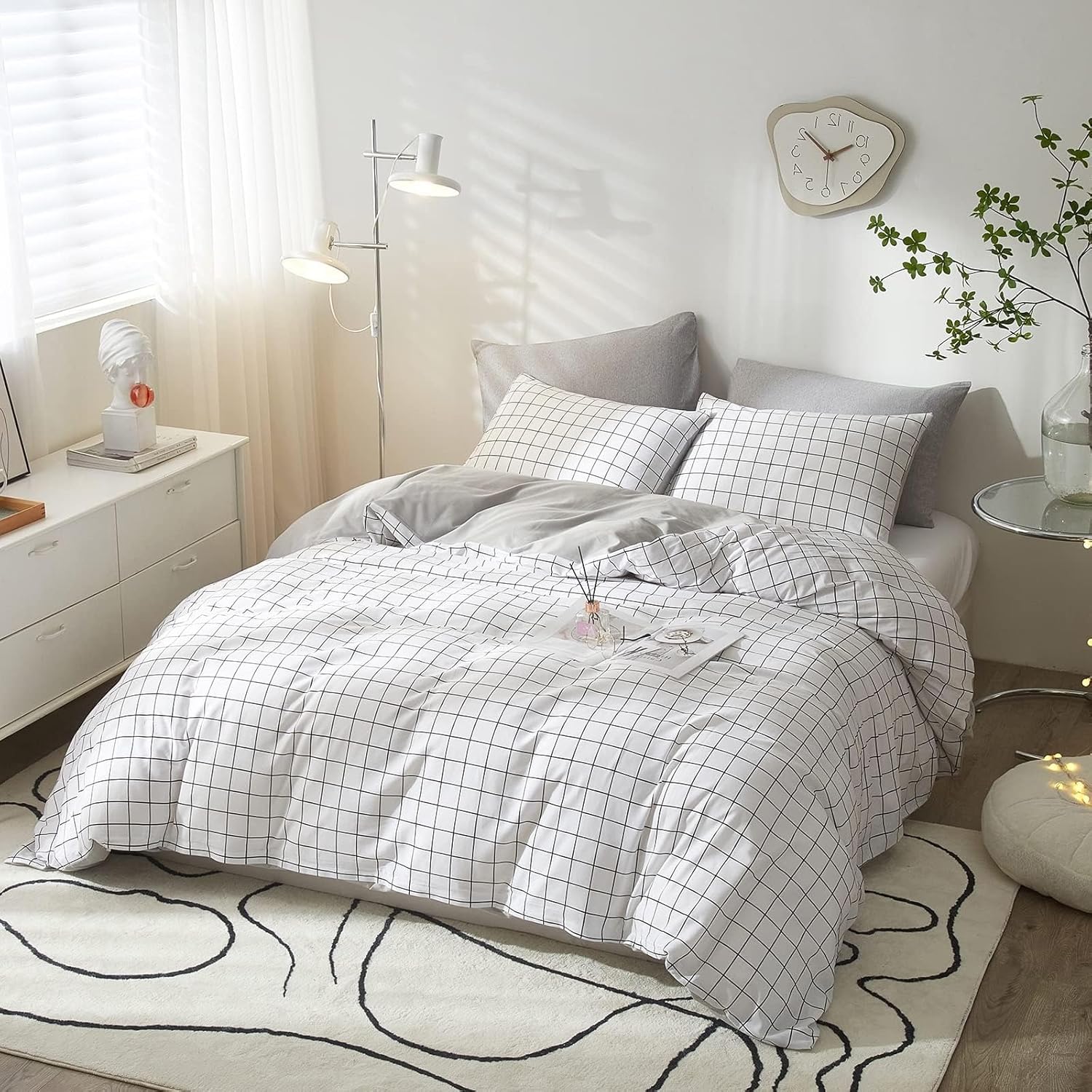 VClife Funda de edredón de algodón individual XL, juego de ropa de cama a cuadros tamaño individual XL, estilo simple, blanco y gris, funda de