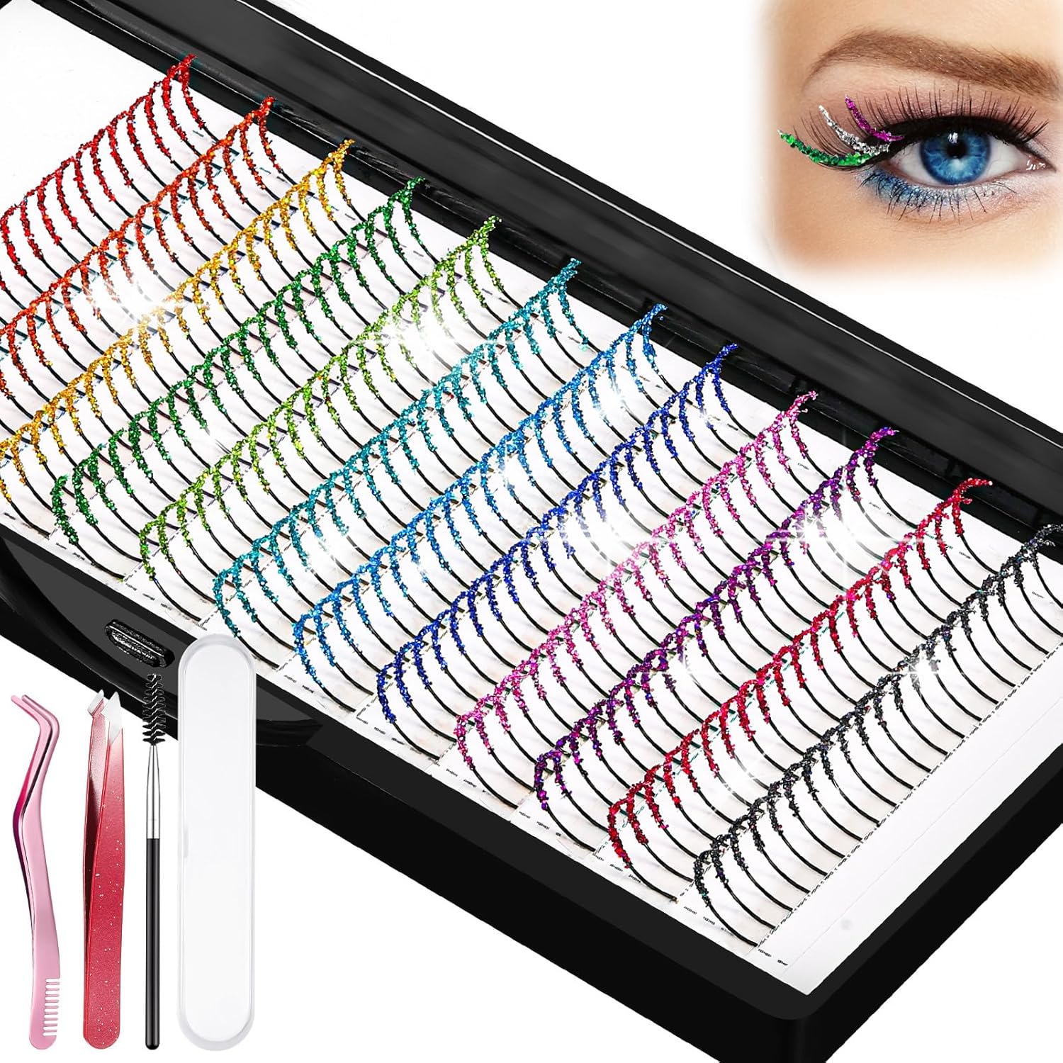 Extensiones de pestañas con purpurina de colores, pestañas individuales, bandeja de pestañas de un solo ojo con pinzas aplicadoras, juego de brochas