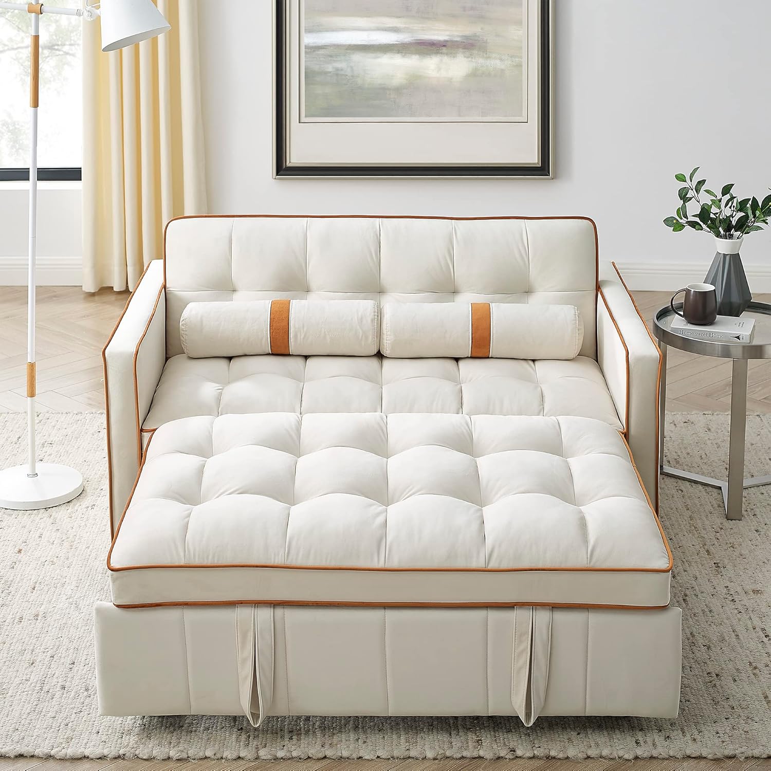 Sofá cama extraíble, color beige de 38.5 pulgadas de ancho + bolsillos laterales y almohadas lumbares