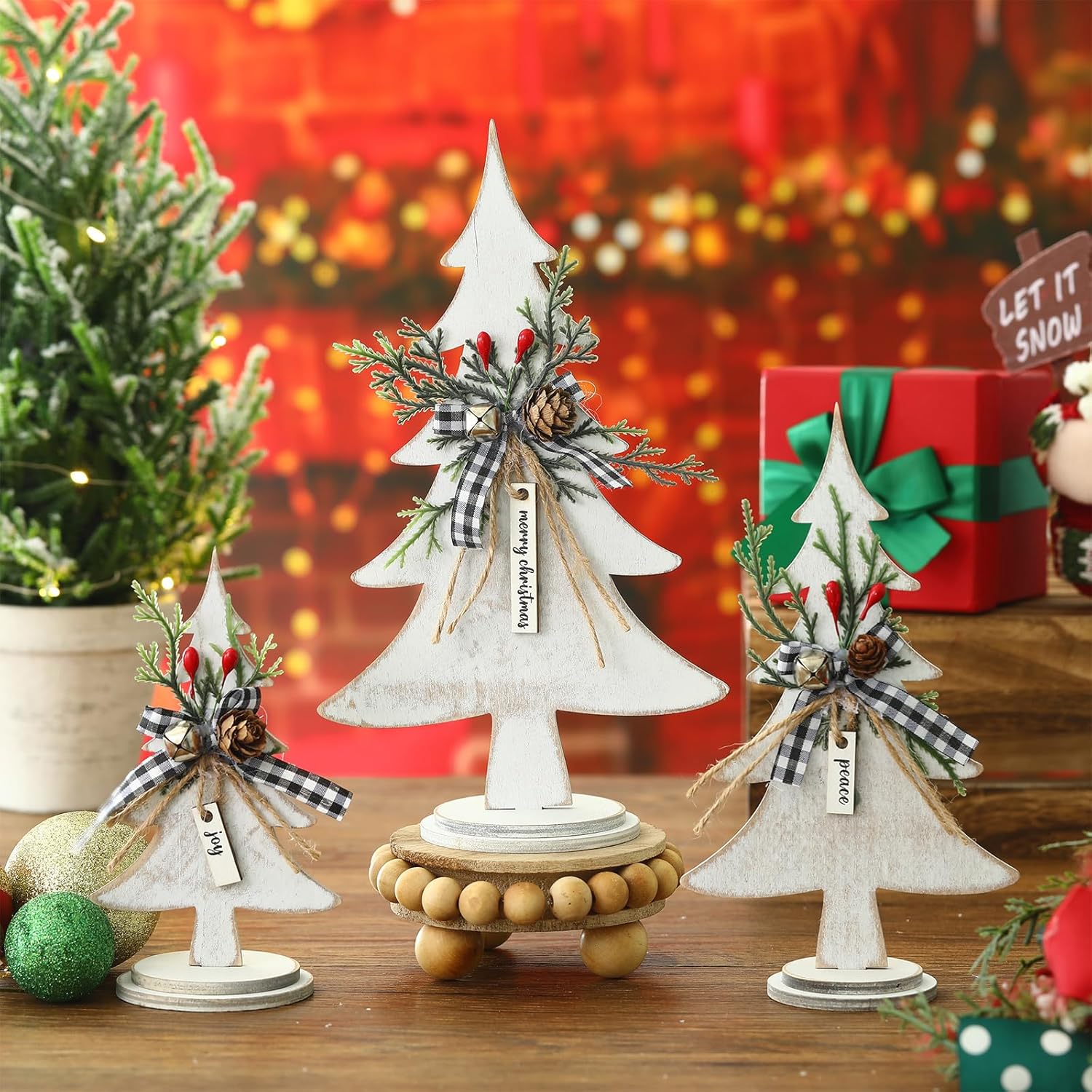 Soaoo 3 piezas de árboles de Navidad de madera, decoración de mesa, árboles de Navidad de madera rústica, centros de mesa independientes, centro de