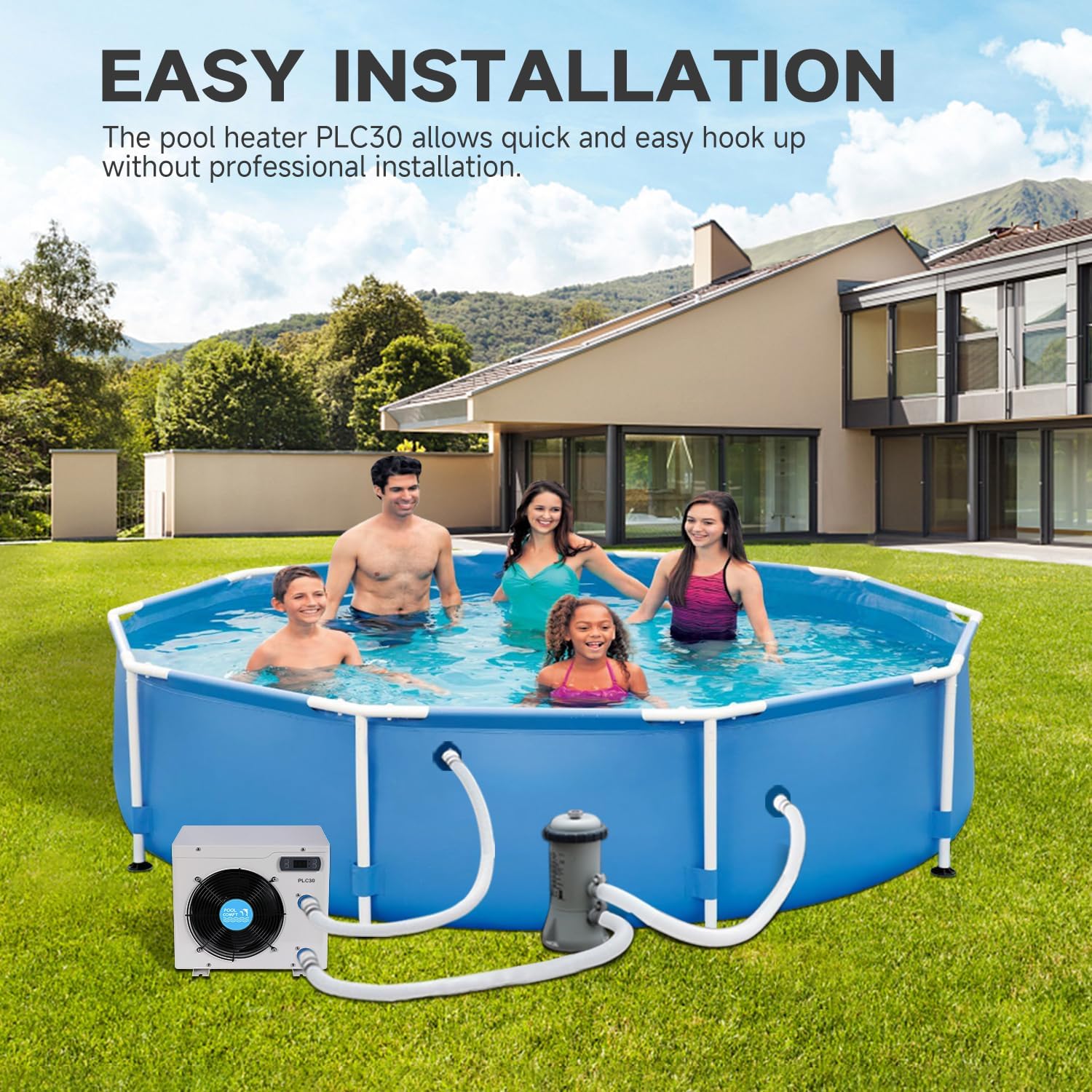POOLCOMFT -Bomba de calor para piscina 11488BTU (máx.) para piscinas sobre el suelo, calentador de piscina PLC30 para piscinas de hasta 2000