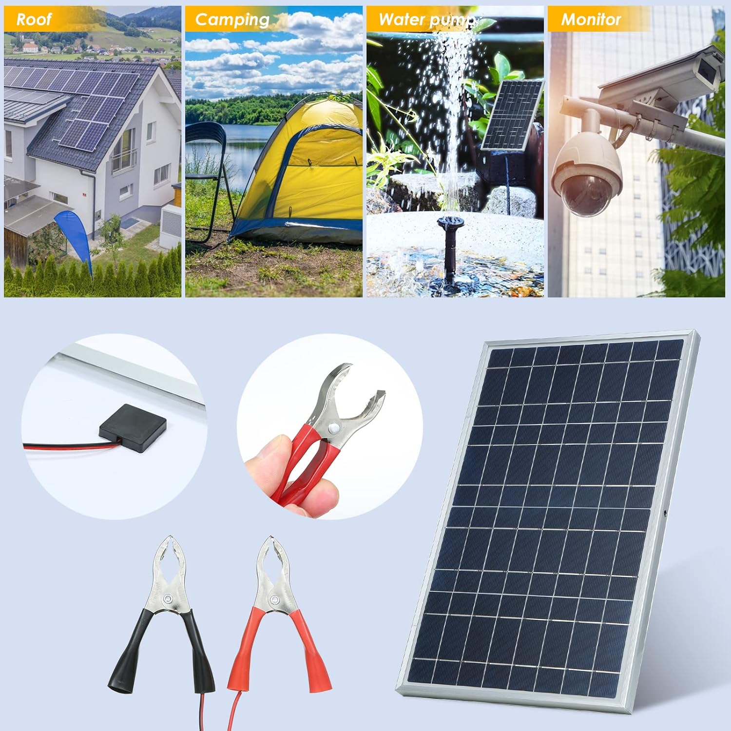 HUIOP Kit de panel solar, 30 W D C 12 V18 V Kit de panel solar con clip de cocodriloresistencia al agua IP65 para uso doméstico interior y exterior