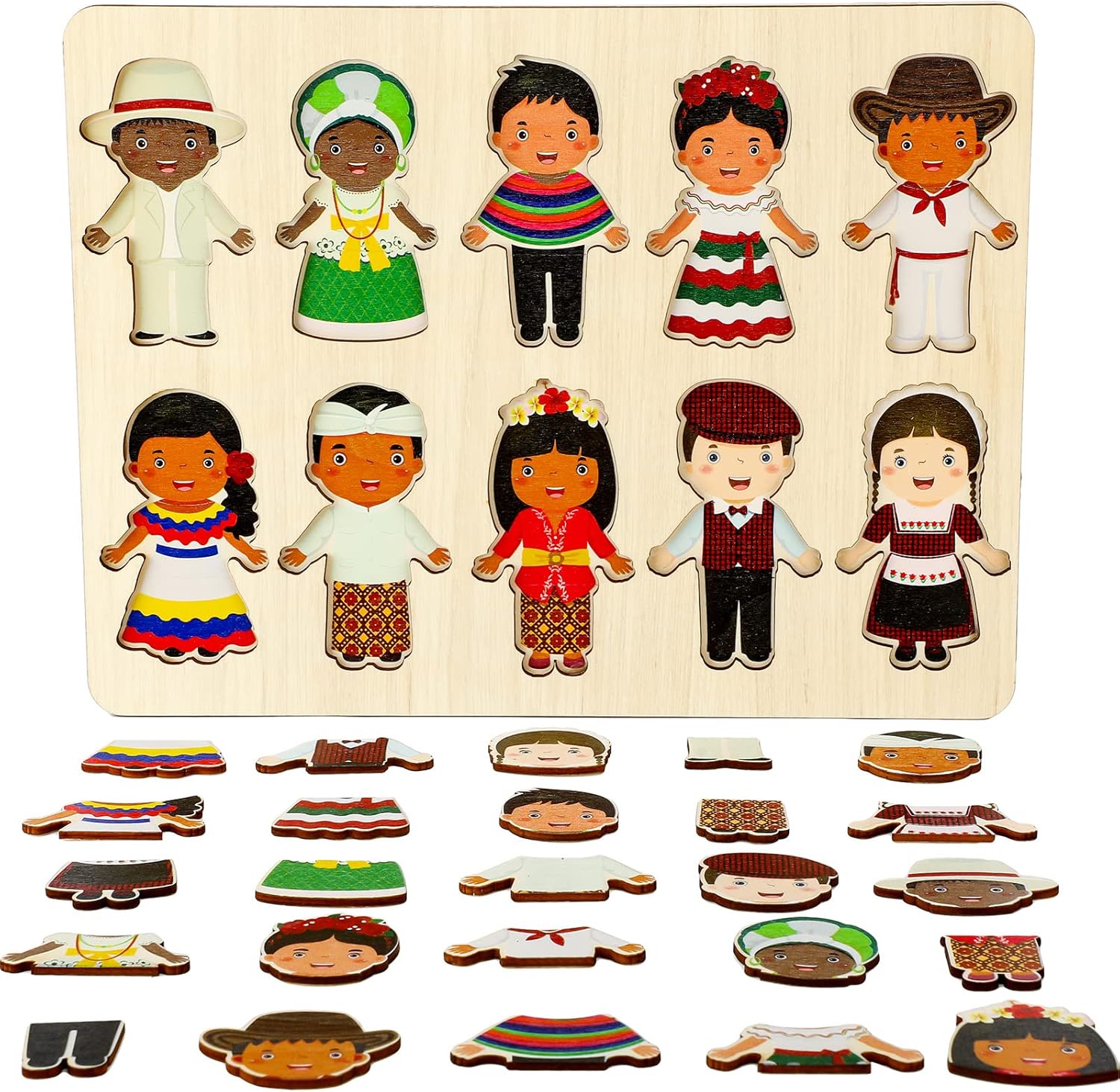 Rompecabezas multiculturales de madera para niños, rompecabezas intercambiables para vestir diversidad, rompecabezas de madera para preescolar