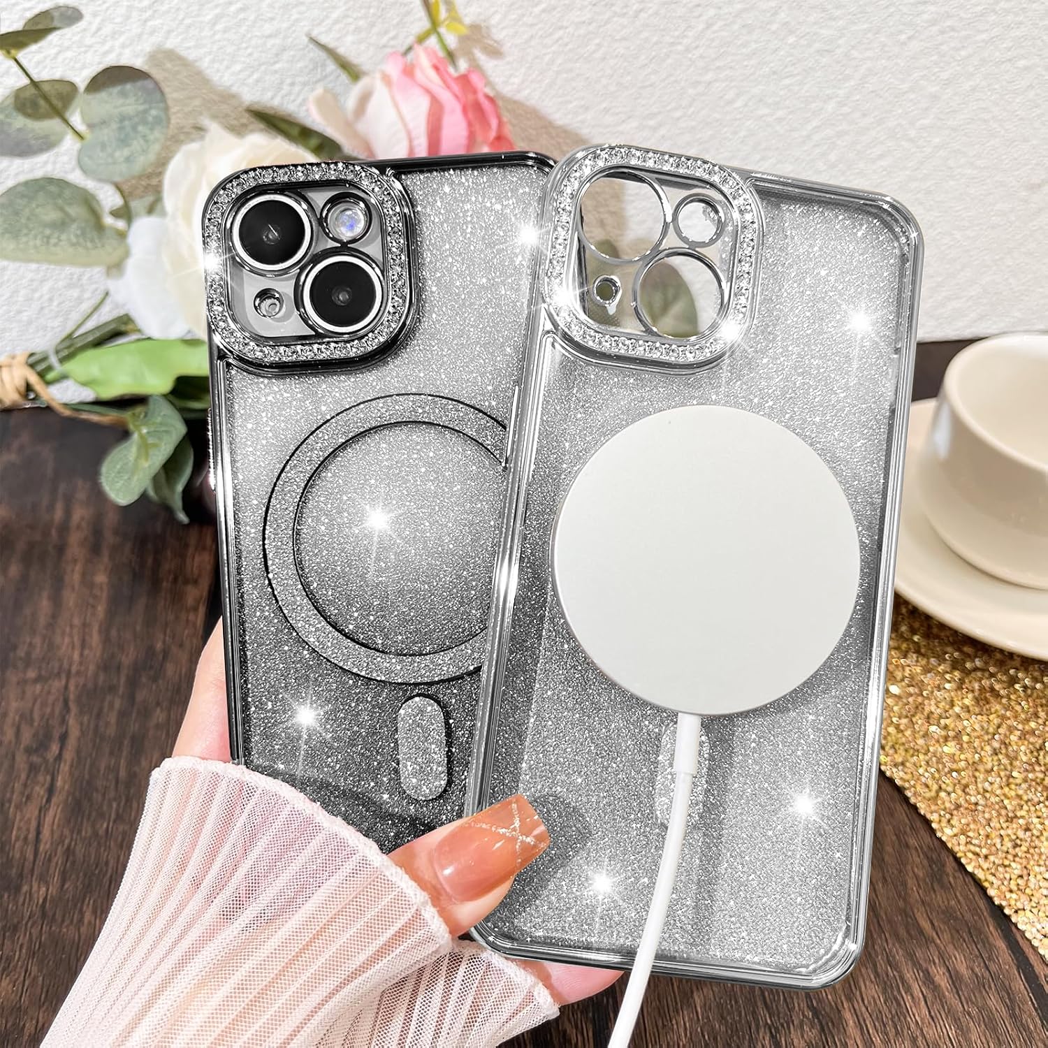 KANGHAR Funda magnética con purpurina degradada para iPhone 15 Plus de 6.7 pulgadas, funda de lujo chapada en diamantes de imitación, suave TPU