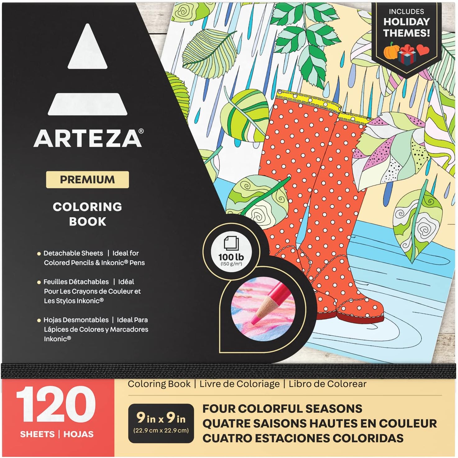 Arteza Libro para colorear para adultos, 120 hojas desmontables, 9 x 9 pulgadas, tema de 4 estaciones, papel de 100 libras, suministros de arte para