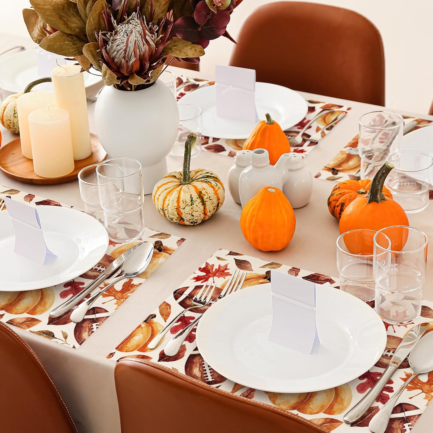 AnyDesign – Mantel individual de otoño, acuarela, calabaza, fútbol, hojas de arce, rústico, otoño, antideslizante, resistente al calor, decoración