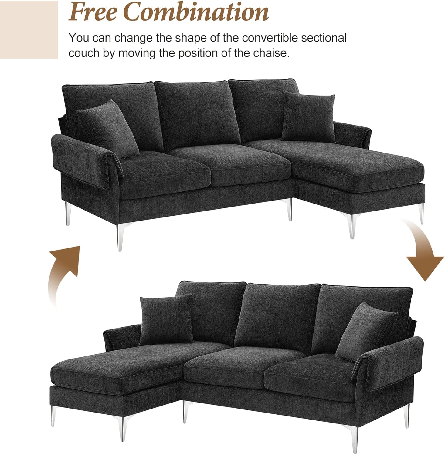Sofá modular convertible, juego de muebles de felpilla en forma de L de 84 pulgadas, cómodos sofás de 4 asientos con diván reversible y espuma