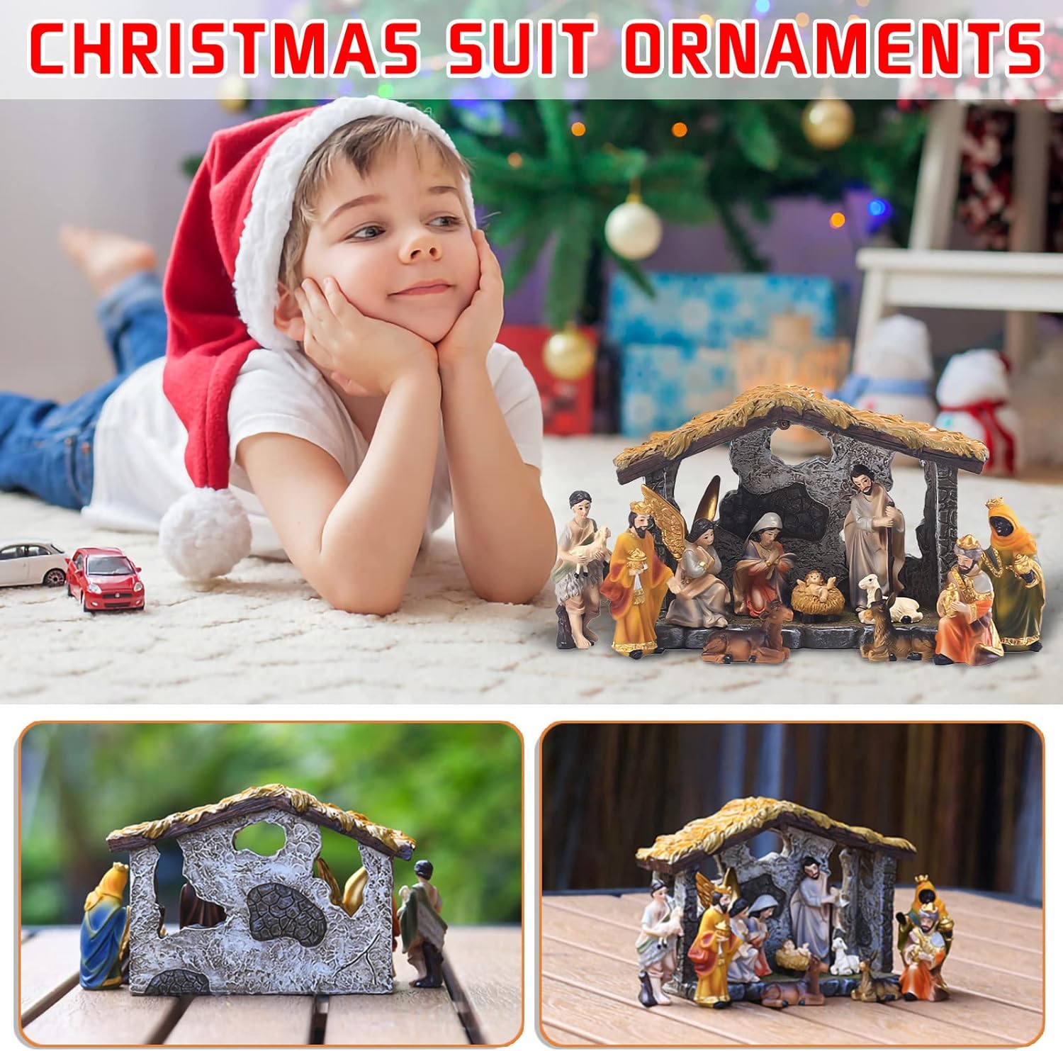 Adornos de grupo de pesebre de Navidad, juego de nacimiento de Jesús para interiores, 12 piezas, estatuas de belén de aldea de Navidad de resina,