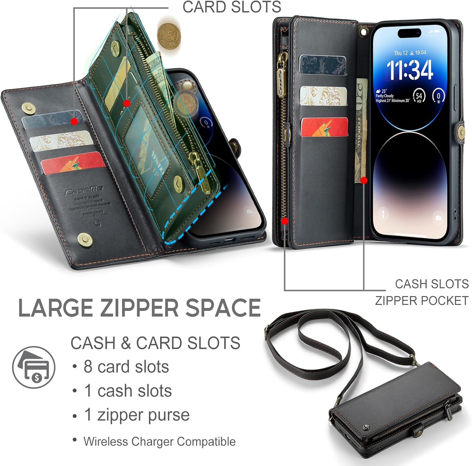 ASAPDOS Funda para iPhone 14 Pro, correa de piel sintética de gamuza retro y funda cruzada con cierre magnético, bloqueo RFID, tarjetero y soporte