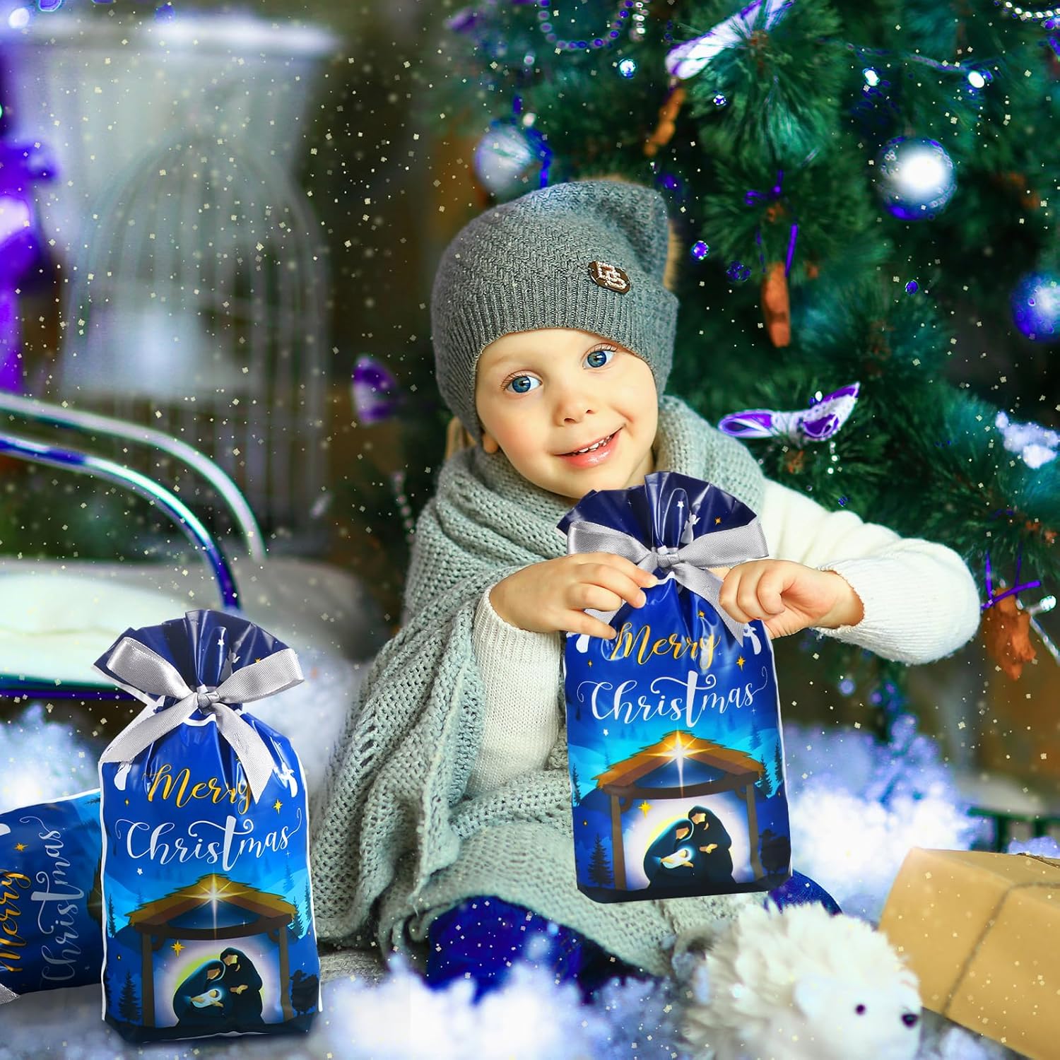 Funrous 50 bolsas de regalo de Navidad con cordón de Navidad, bolsas de plástico a granel religiosas con lazos, bolsas de regalo sagrado de Navidad