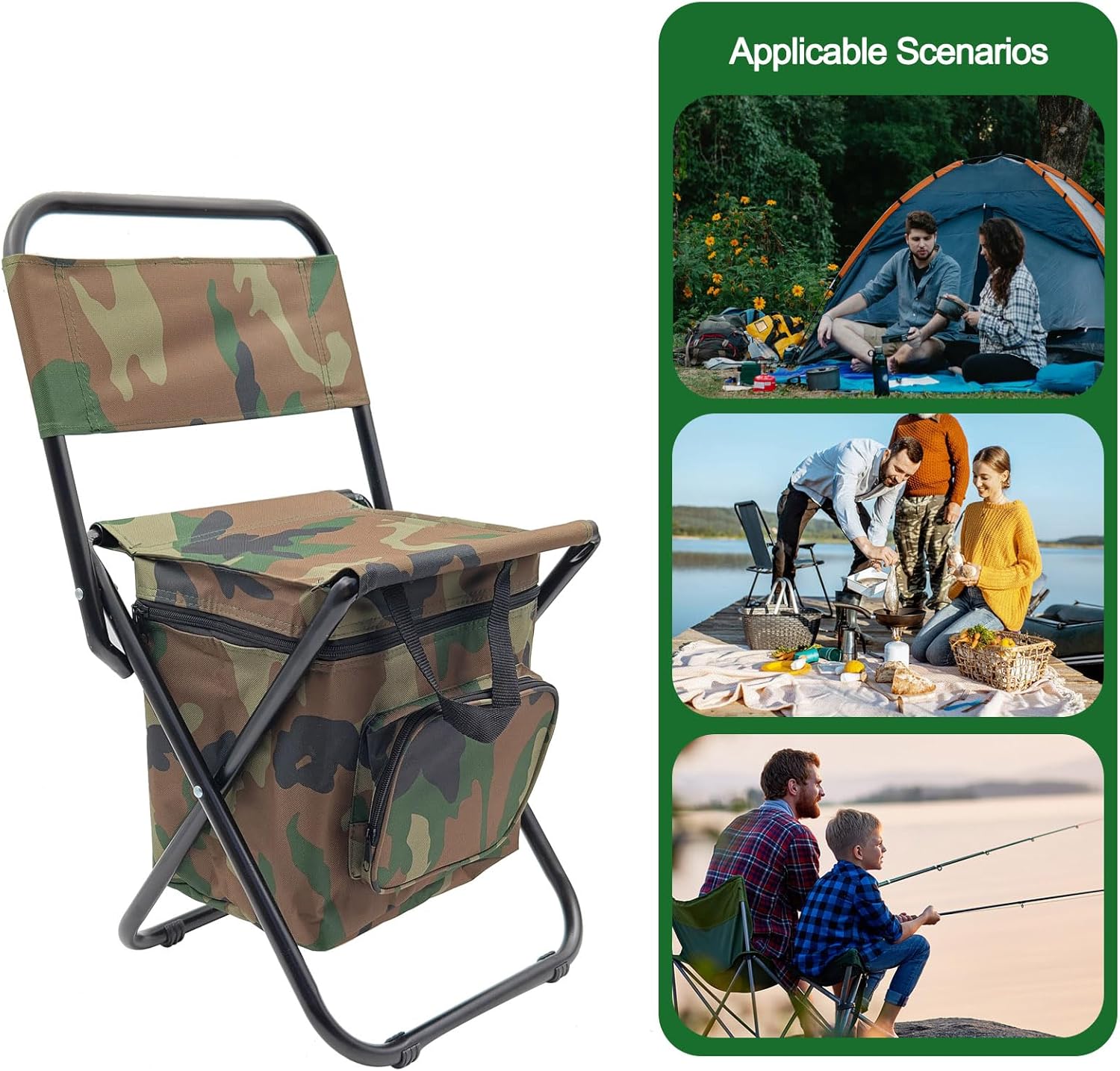 MFBJXC Silla de camping plegable con bolsa refrigeradora, silla de pesca ligera, asiento plegable compacto con respaldo y asa para camping, pesca,