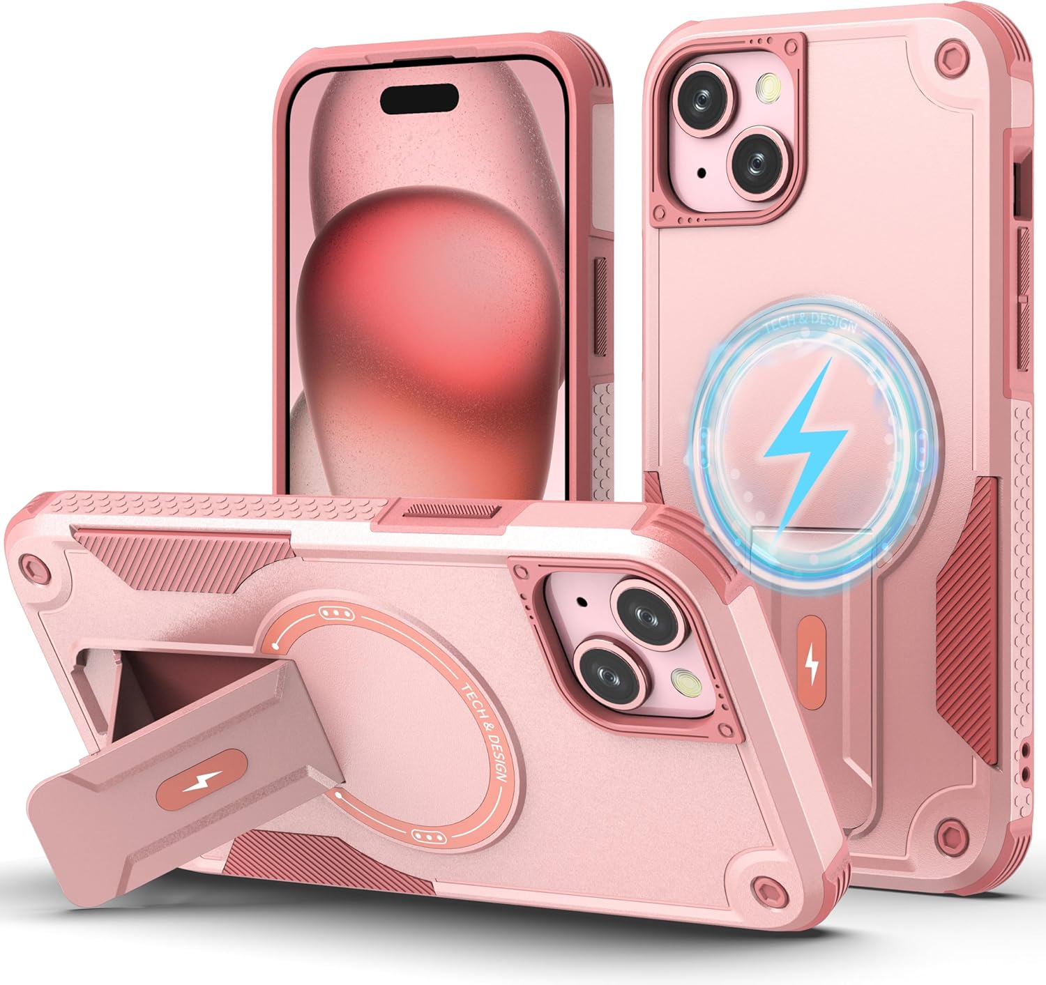 Funda magnética para iPhone 15 con soporte invisible compatible con MagSafe protección contra caídas con borde de TPU suave, parte trasera dura,