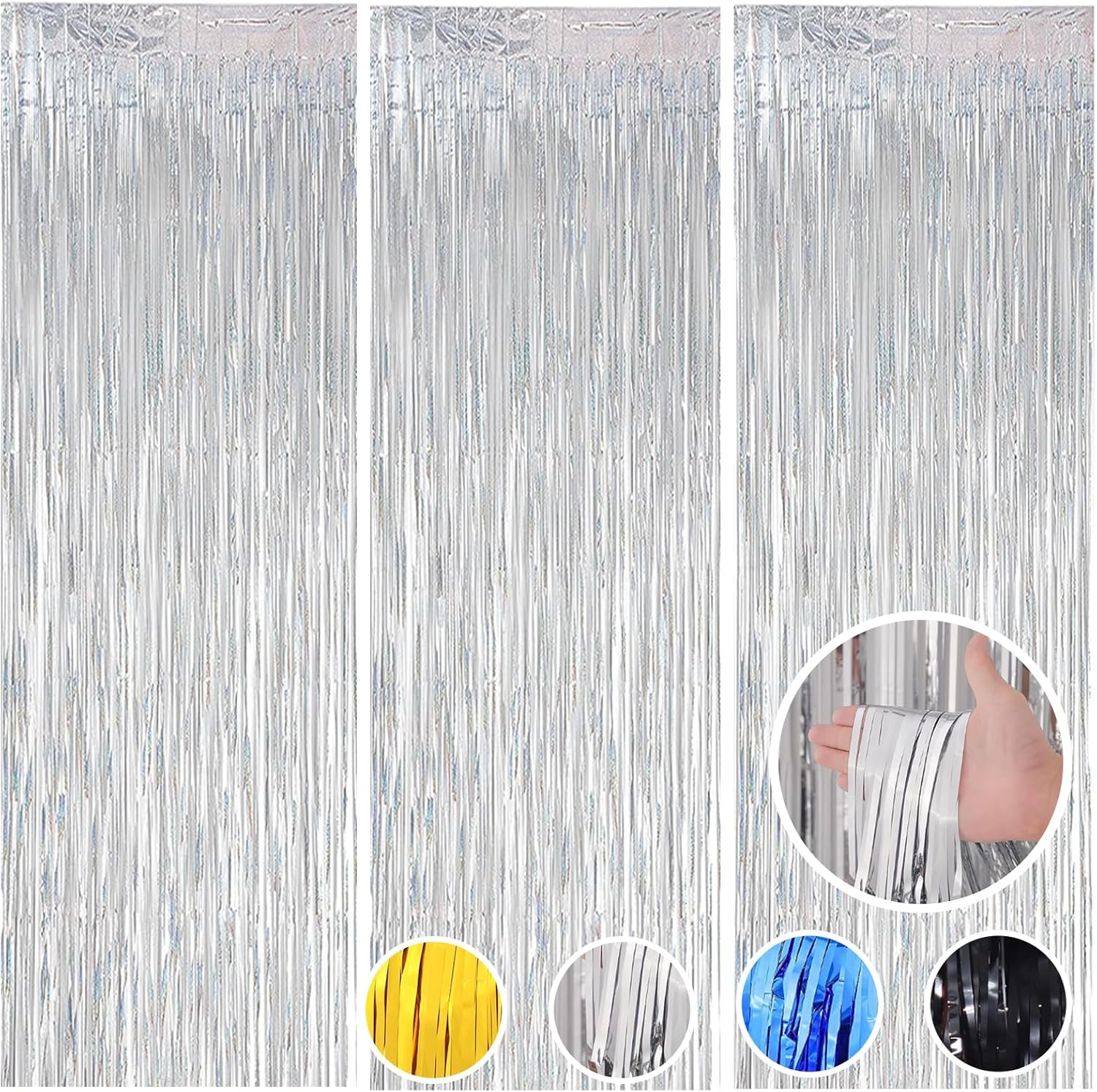 3 cortinas de papel de aluminio de 3.3 x 6.6 pies, cortinas de flecos de oropel metálico plateado, para discoteca, fiesta de cumpleaños, boda,