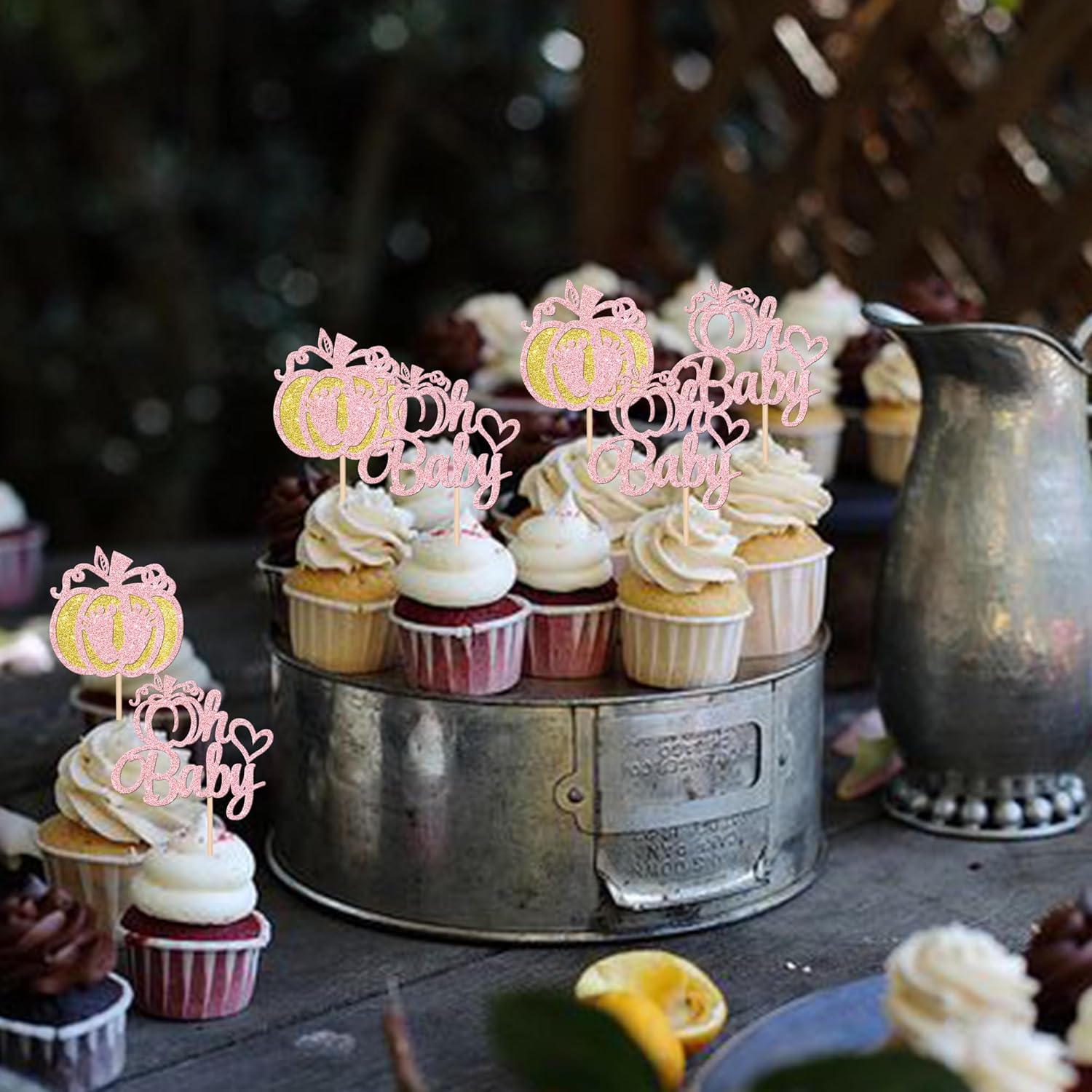 24 piezas de calabaza Oh Baby Cupcake Toppers Glitter Heart Baby Feet Calabaza Cupcake Picks para temática de otoño, baby shower, niños, cumpleaños,