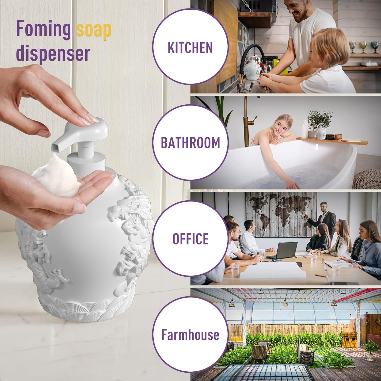 Dispensador de jabón de manos espumoso, dispensador de jabón de espuma de baño con alivio decorativo de dragón, dispensador de jabón de manos en