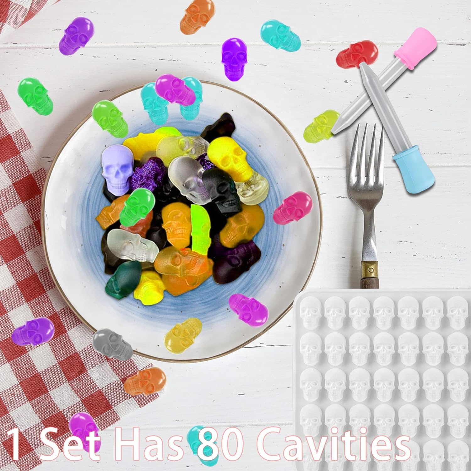 2 moldes de silicona para caramelos de calavera en forma de gomita, moldes de calavera 3D, molde de azúcar, molde de chocolate con 40 cavidades,