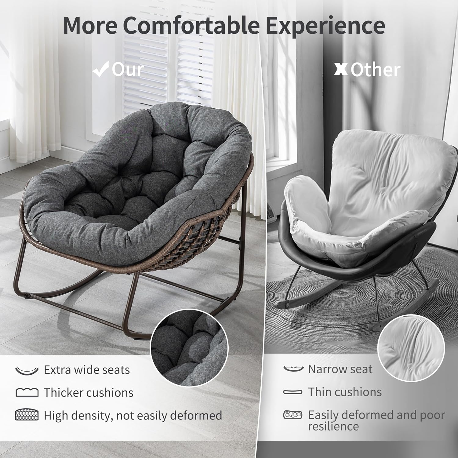 HOMEFUN Mecedoras para patio al aire libre, mecedora Papasan de gran tamaño para interiores con cojín acolchado, silla mecedora para porche