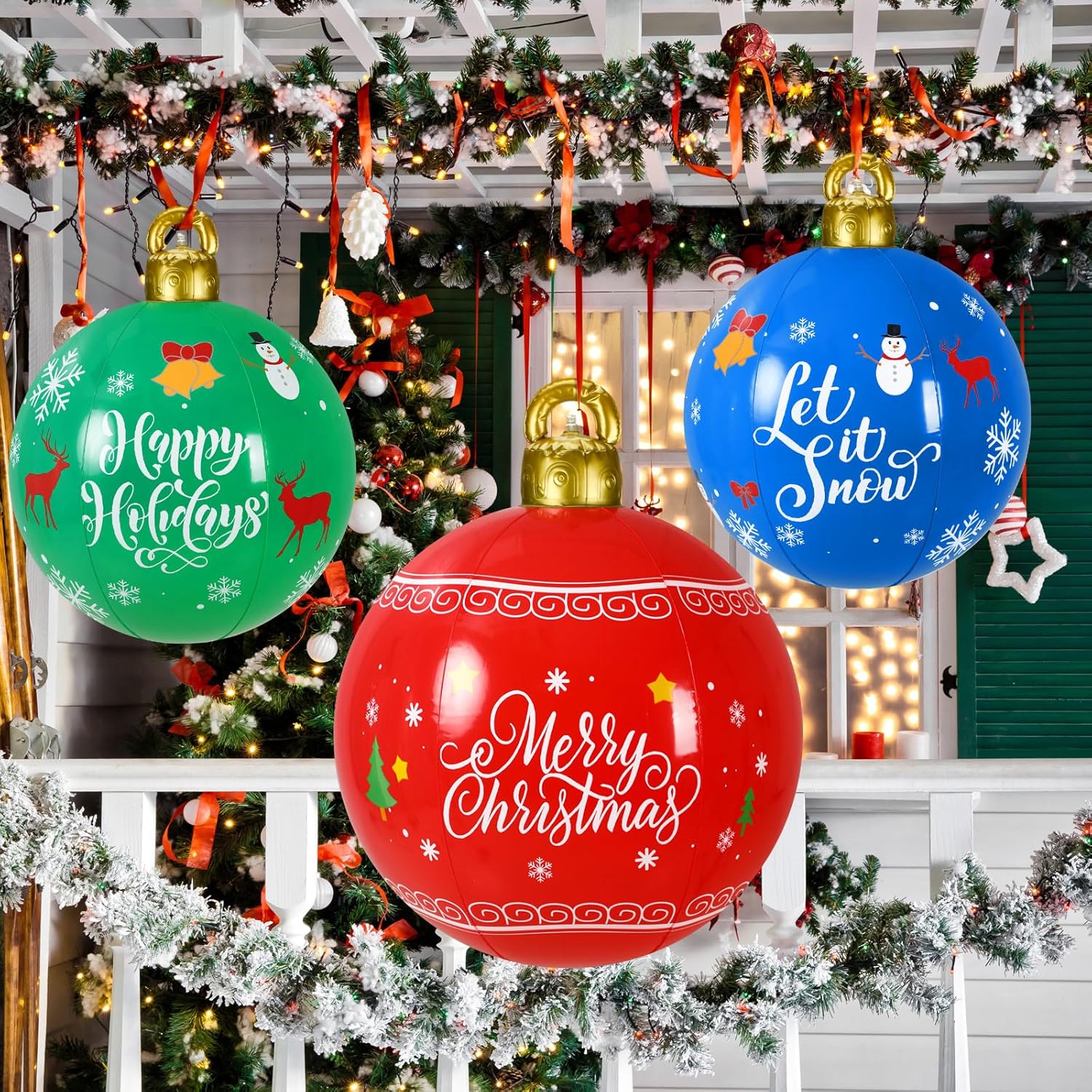 Jetec 3 bolas inflables de Navidad gigantes de PVC, adornos inflables de Feliz Navidad al aire libre, deja que la nieve explote, decoración de