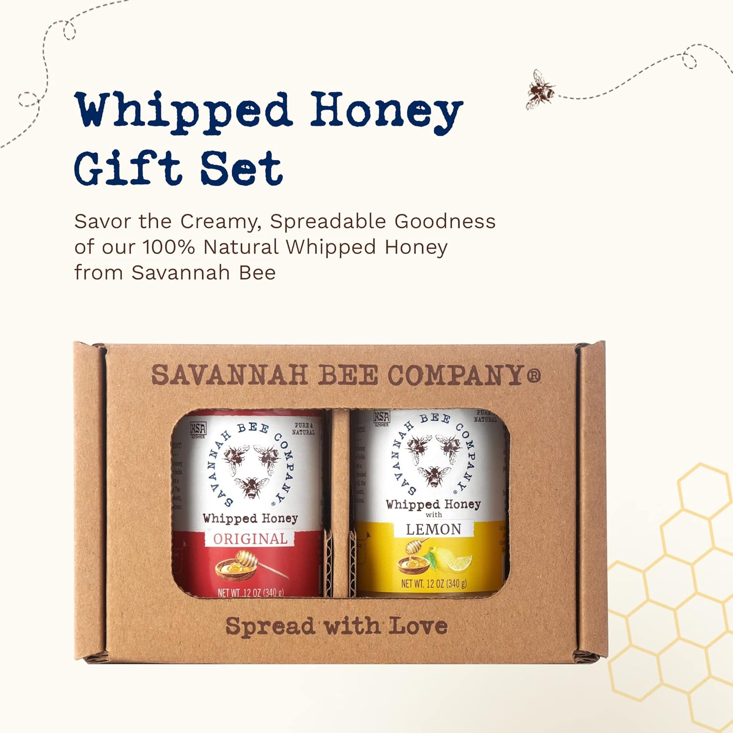 Savannah Bee – Set de regalo de miel batida, cremosa, suave, untable y absolutamente deliciosa, miel 100% natural y pura, 12 onzas (original y limón)