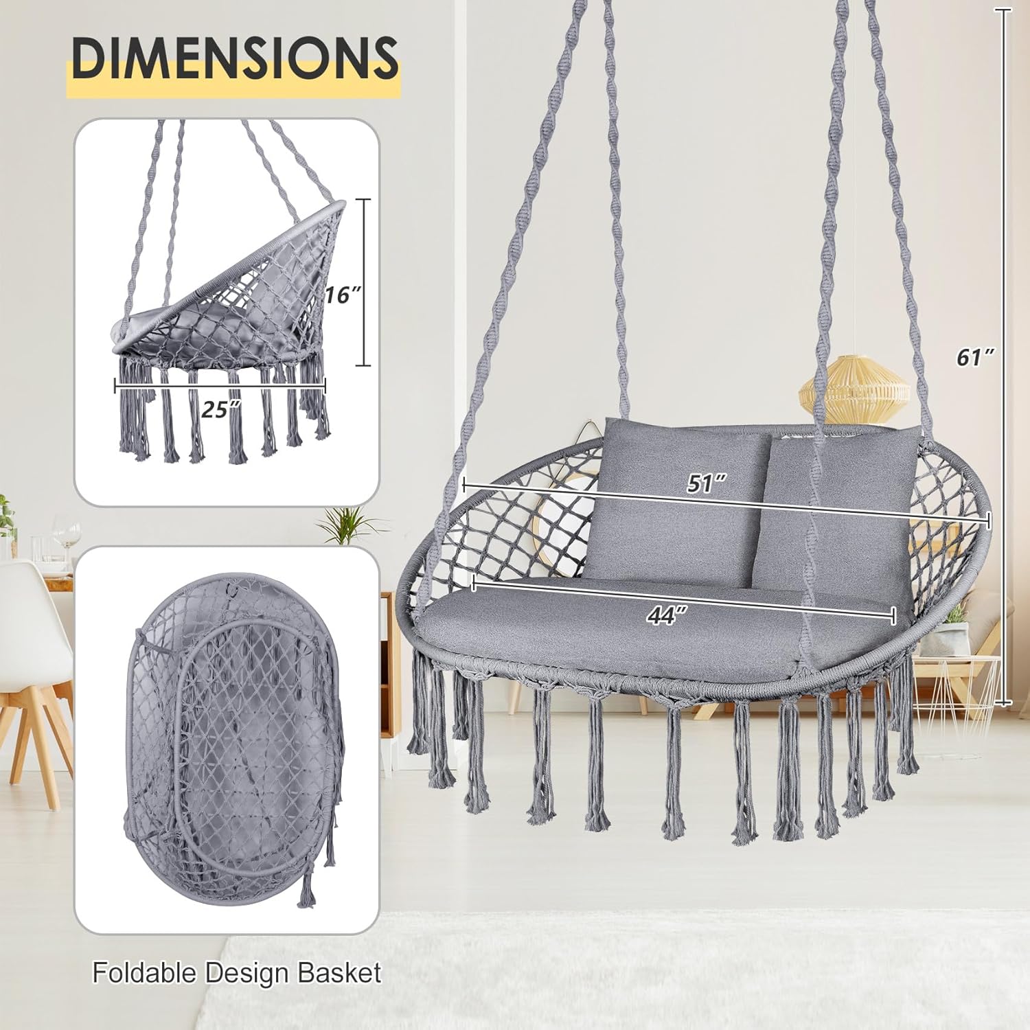 Silla oscilante doble, silla colgante grande de macramé con 3 cojines y accesorios de montaje, silla oscilante tejida a mano para dormitorio, patio,