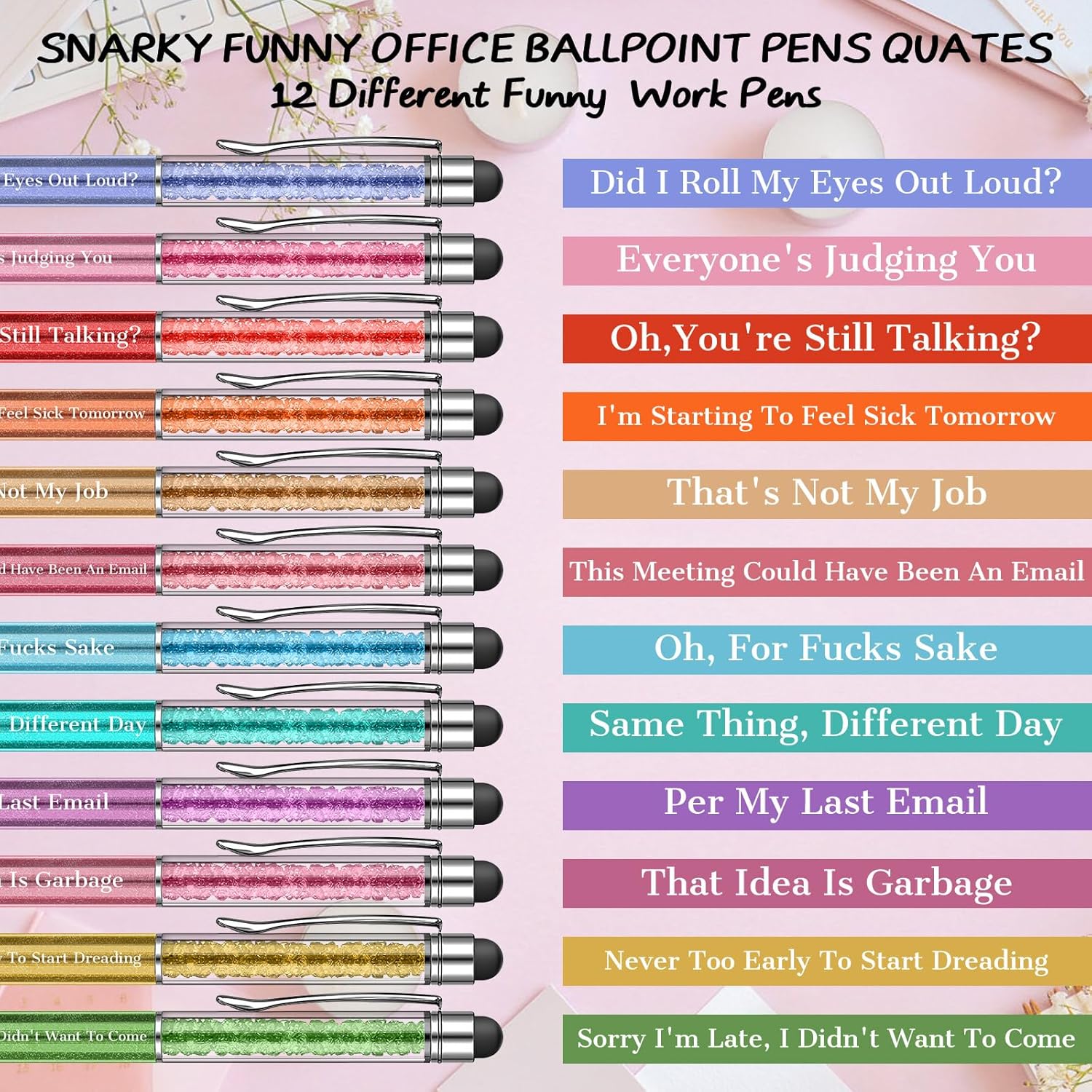 Snarky – Bolígrafos divertidos de oficina, 12 bolígrafos de trabajo con citas sarcásticas negativas y sarcásticas divertidas con punta de lápiz