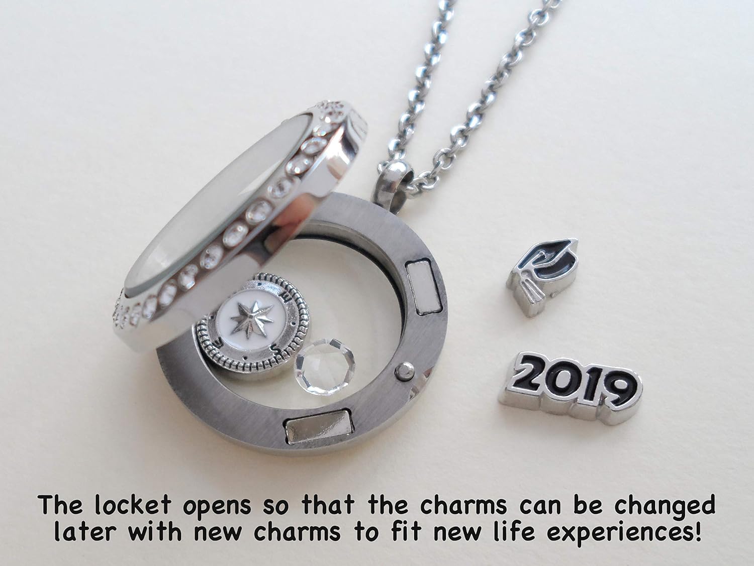 Custom Graduate Circle Floating Charm Locket Necklace, Stainless Steel Locket, Graduation Gift, Good Luck on the Path Ahead, Class of 2024 or Other