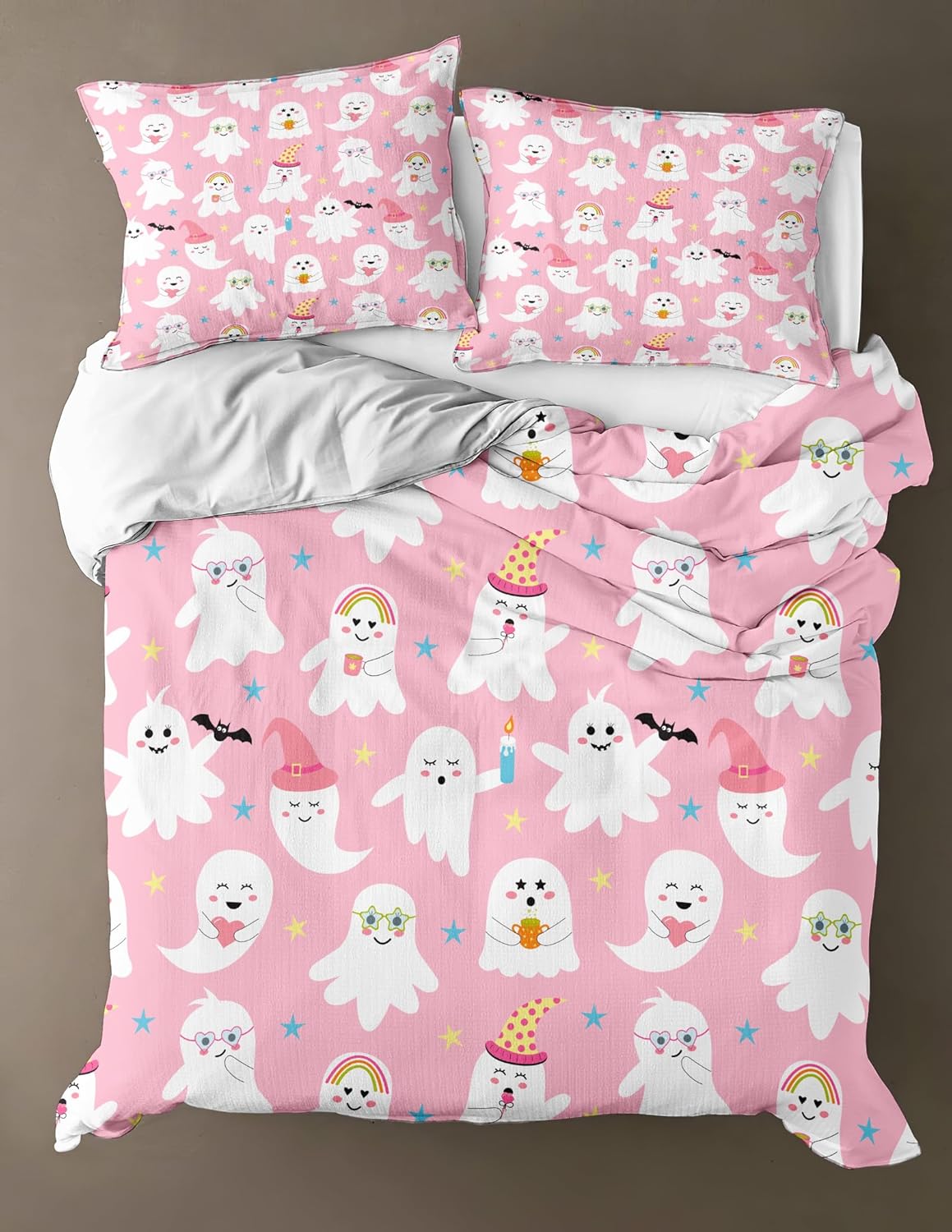 Ropa de cama rosa de Halloween, tamaño Queen, 3 piezas, juego de funda de edredón de fantasmas de dibujos animados, Halloween, lindo diseño de