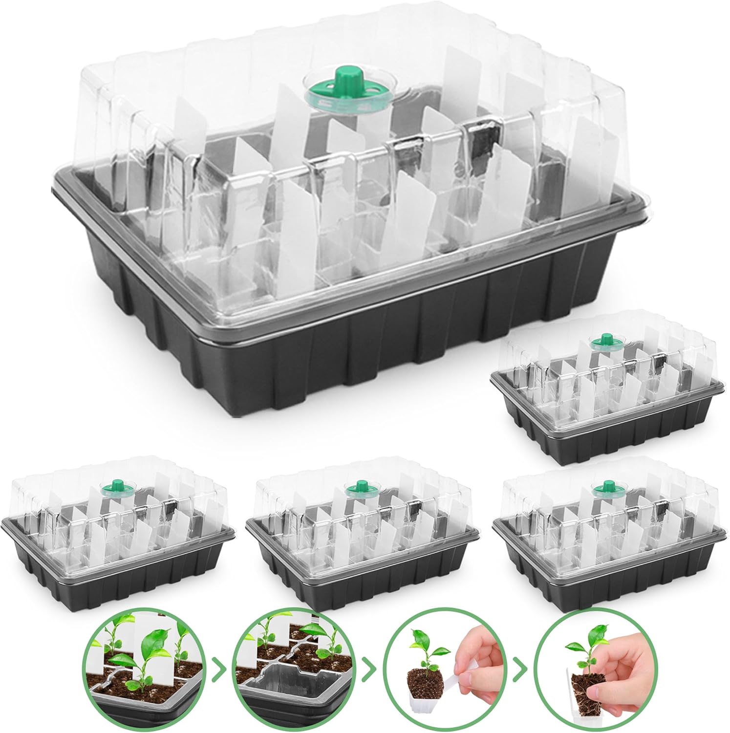 Paquete de 5 bandejas para plantas con 60 extractores reutilizables, bandeja de inicio de semillas con kit de cúpula de humedad. Germinación de
