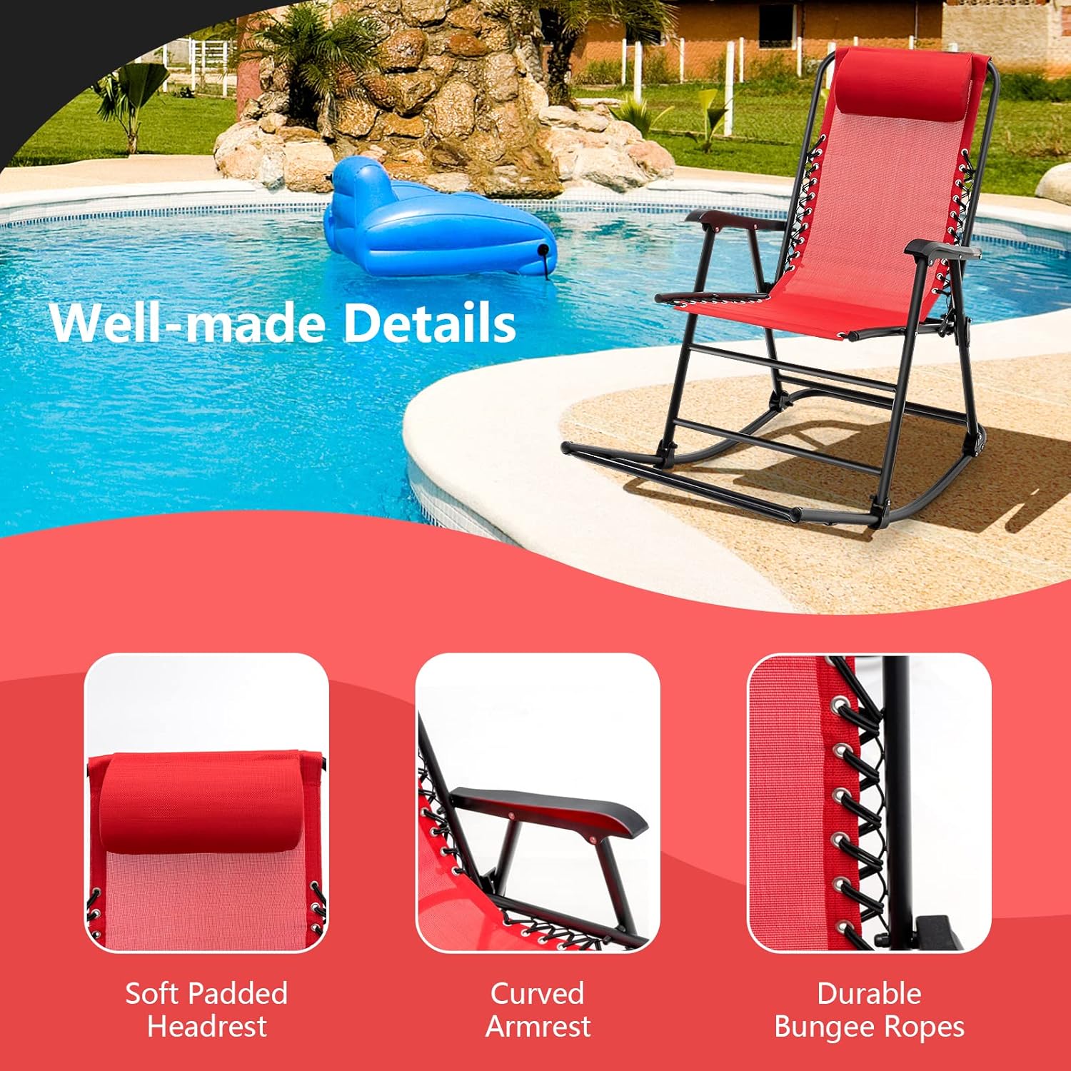 S AFSTAR Safstar – Juego de 2 mecedoras para patio, sillas mecedoras plegables con cómoda almohada y reposabrazos ergonómicos, reposapiés