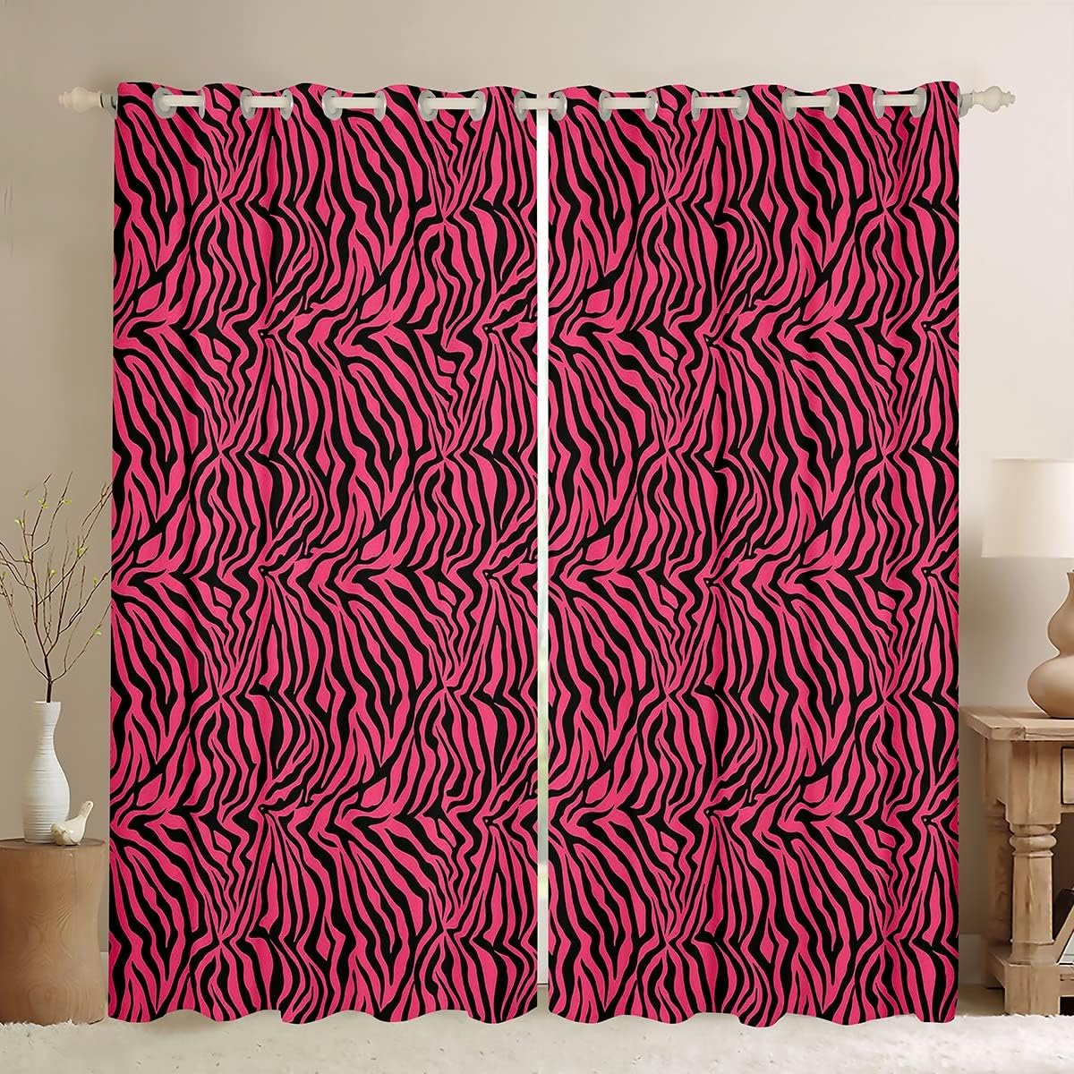 Cortinas de ventana rosa y negro para dormitorio, sala de estar, cortinas de rayas de cebra, cortinas de ventana con estampado de animales de safari