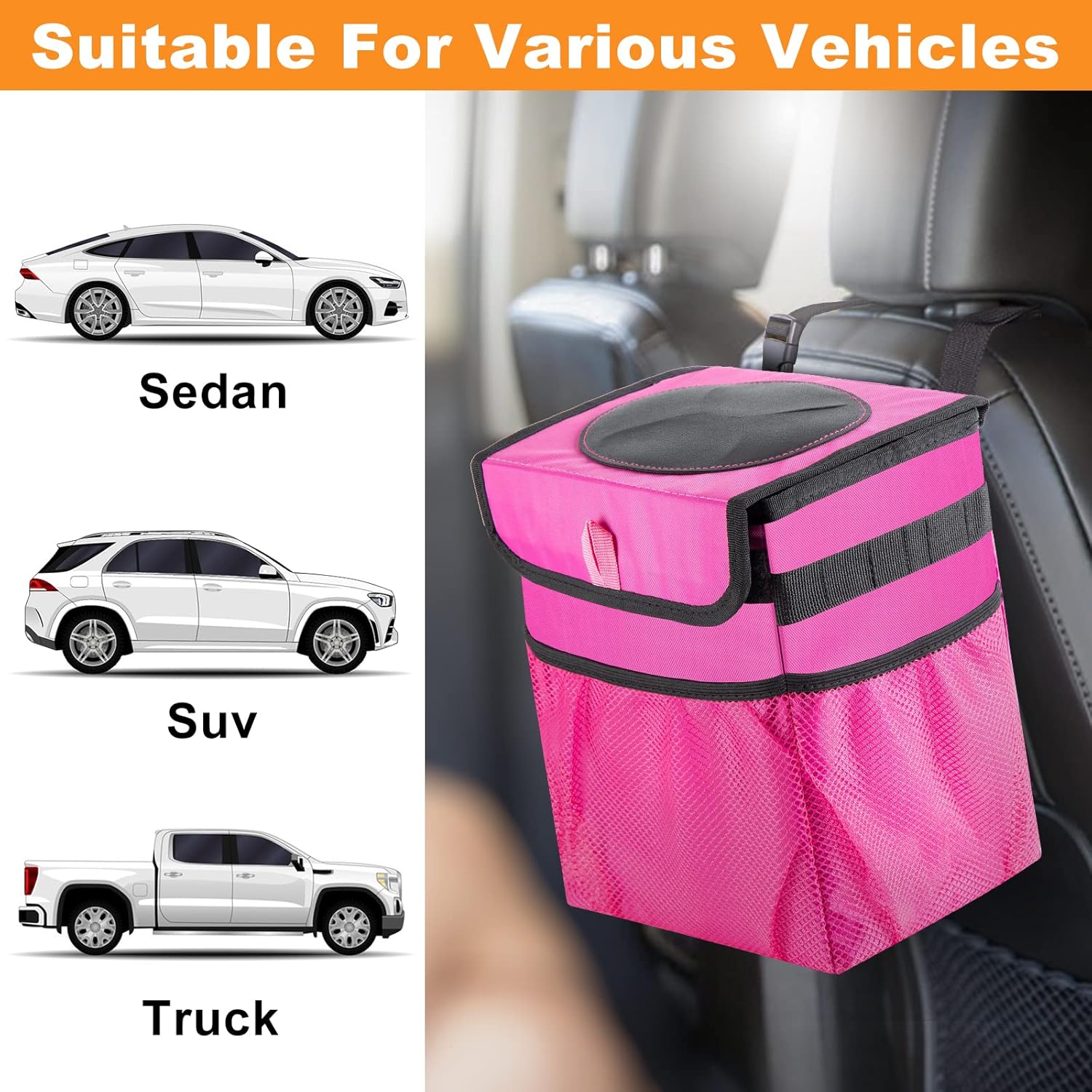 Basurero plegable para automóvil, a prueba de fugas, 2.3 galones, color rosa