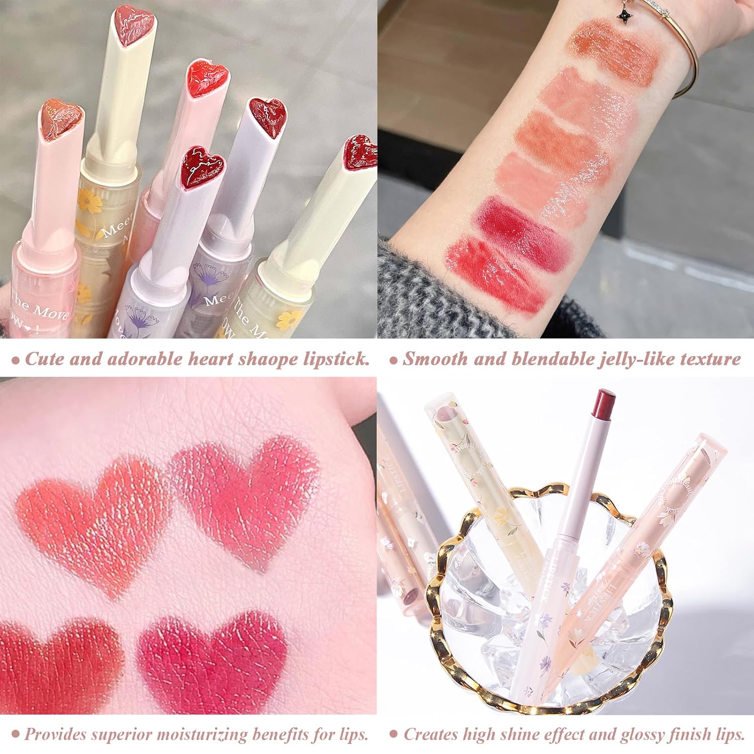 KWOLYKIM Lápiz labial de gelatina de 2 colores y lápiz labial mate, en forma de corazón, bálsamo labial teñido de amor y esmalte labial cremoso de