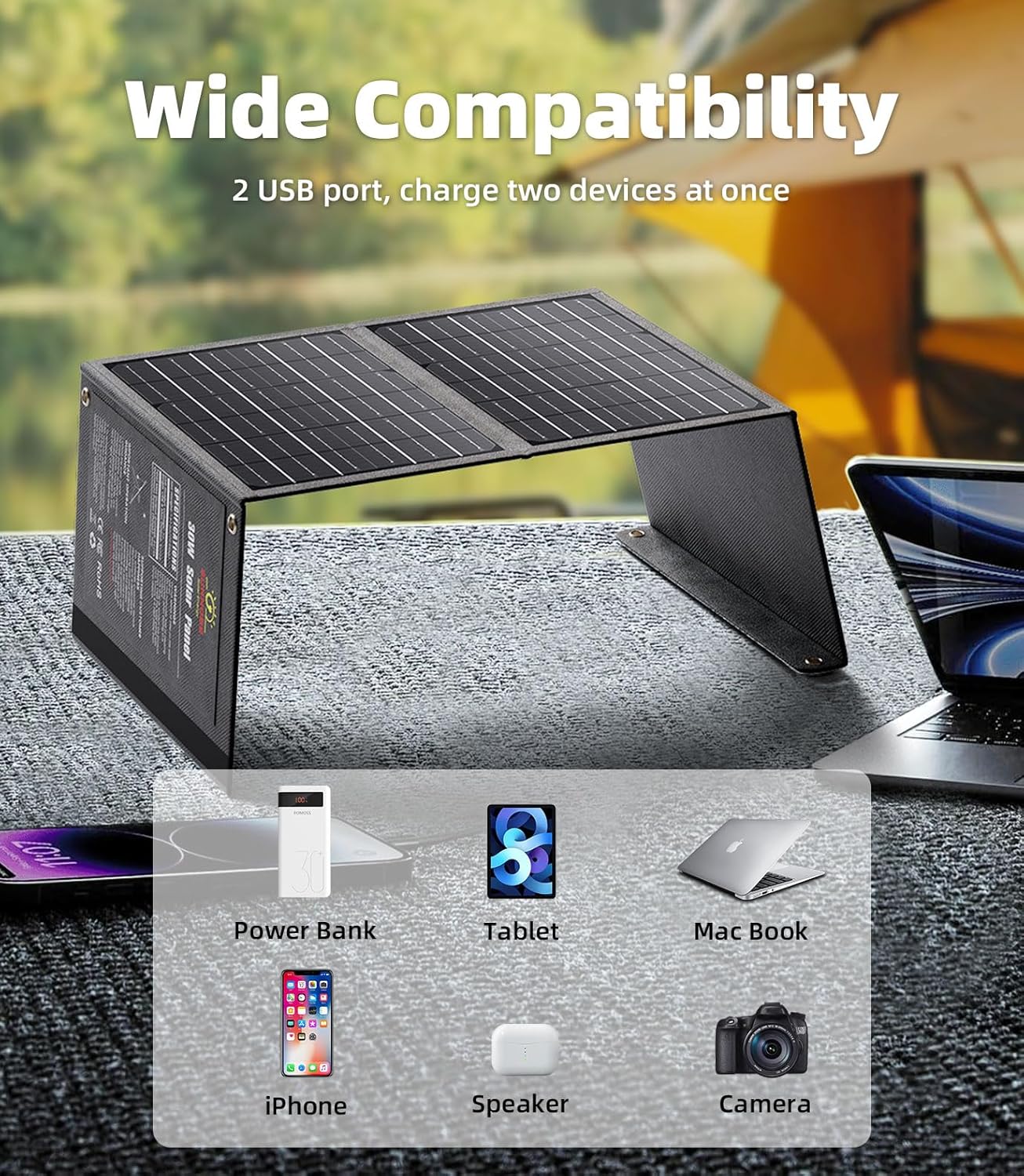 Panel solar portátil SUNNOBE con cable 3 en 1, cargador de panel solar plegable de 30 W con amperímetro digital para campamento y senderismo,