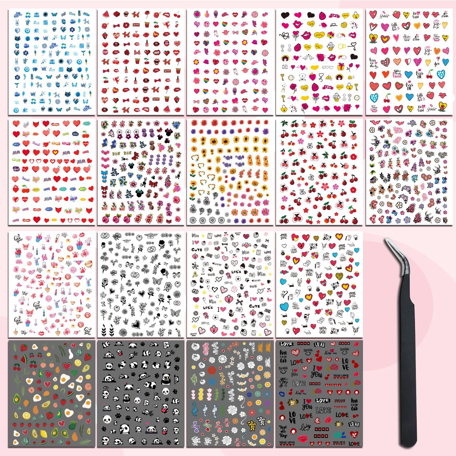 18 hojas de calcomanías para arte de uñas, calcomanías para mujeres y niñas pequeñas, diseño de panda, colorido, caricatura, fuego, sol, flor,
