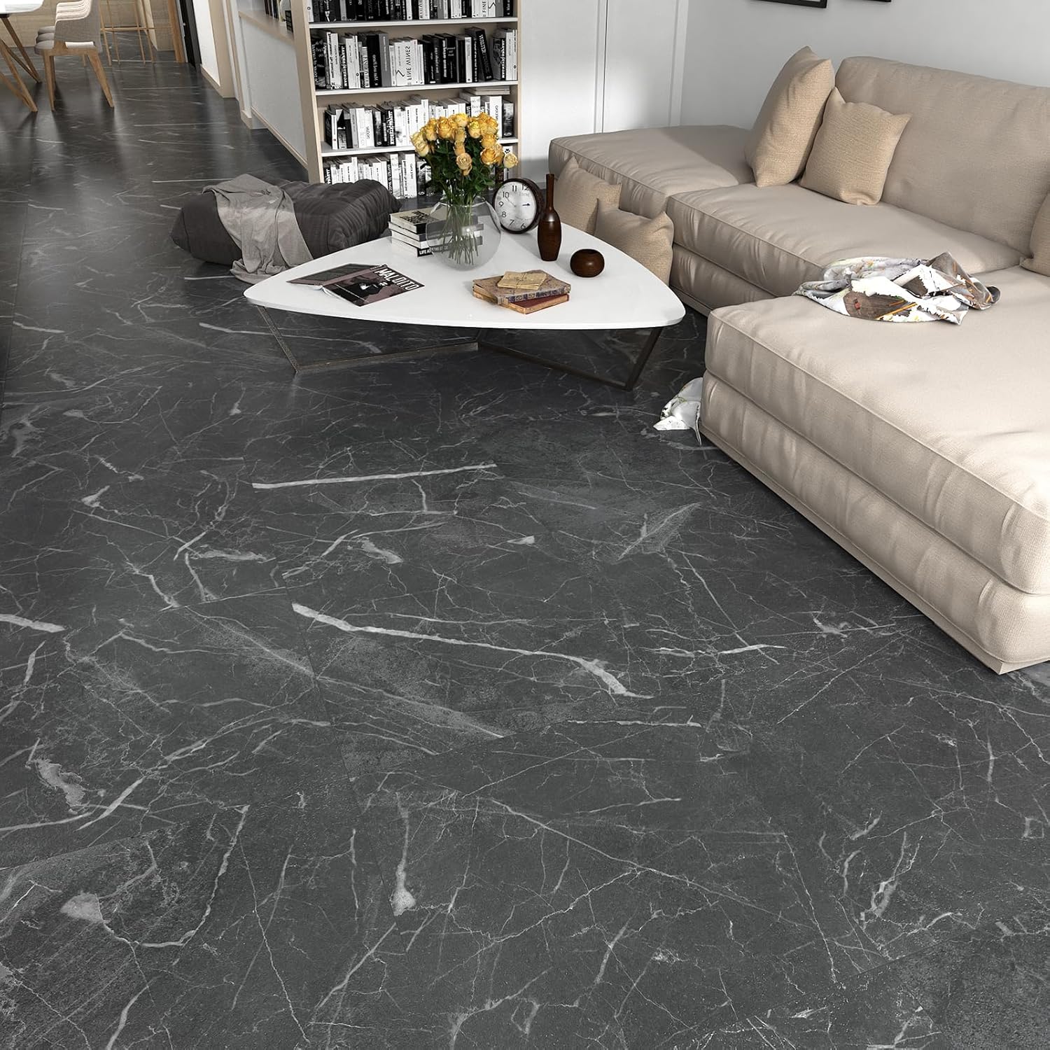 WESTICK Azulejos de suelo de color negro claro para baño, azulejos de cocina para despegar y pegar, azulejos de mármol impermeables para dormitorio,