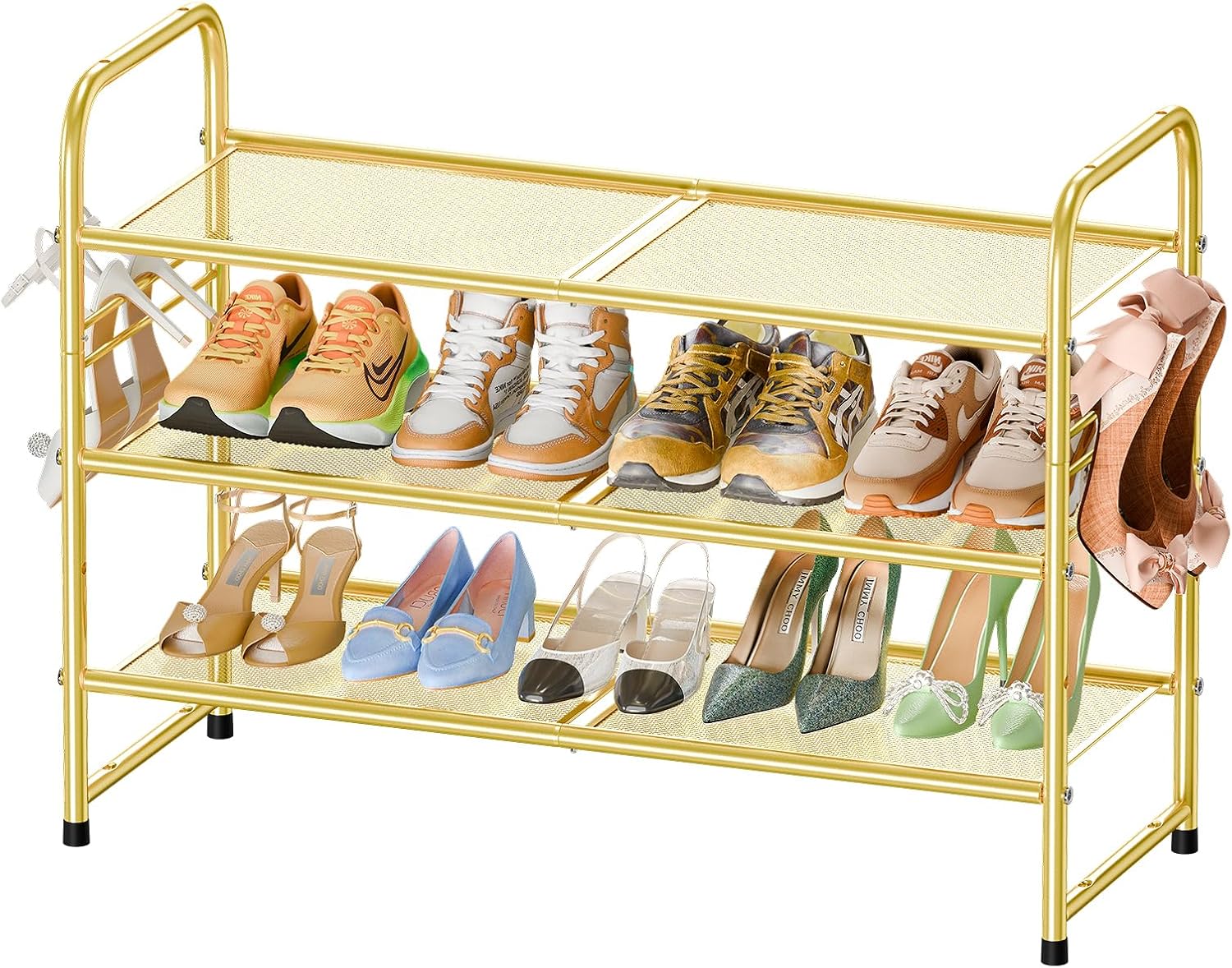 SUFAUY Zapatero para armario, organizador de zapatos de metal de 32 pulgadas, resistente, malla de 3 niveles para zapatos, dorado