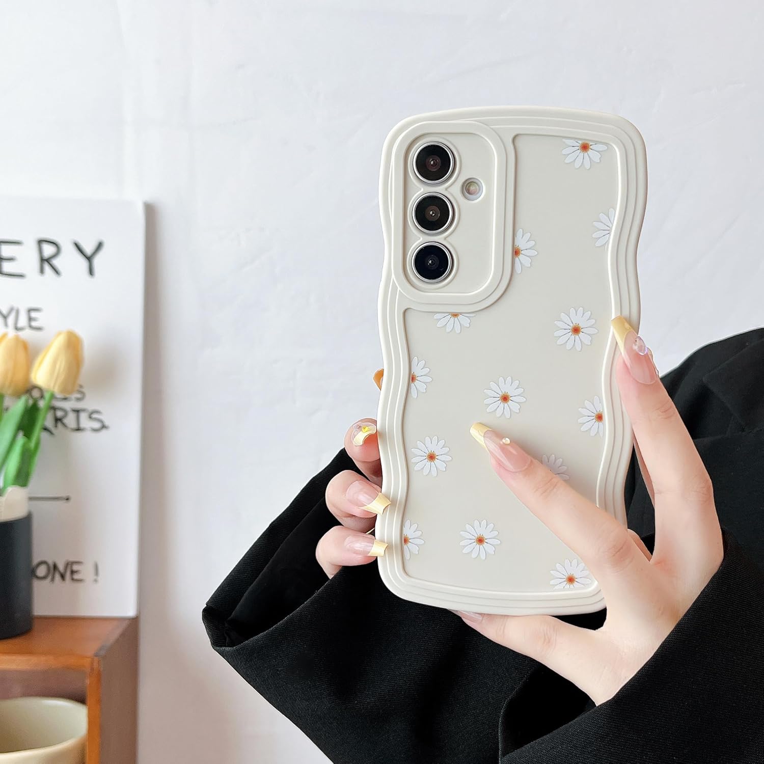 ZTOFERA Funda compatible con Samsung Galaxy A14 5G, marco único ondulado rizado con patrón de margaritas, silicona líquida suave antihuellas, a