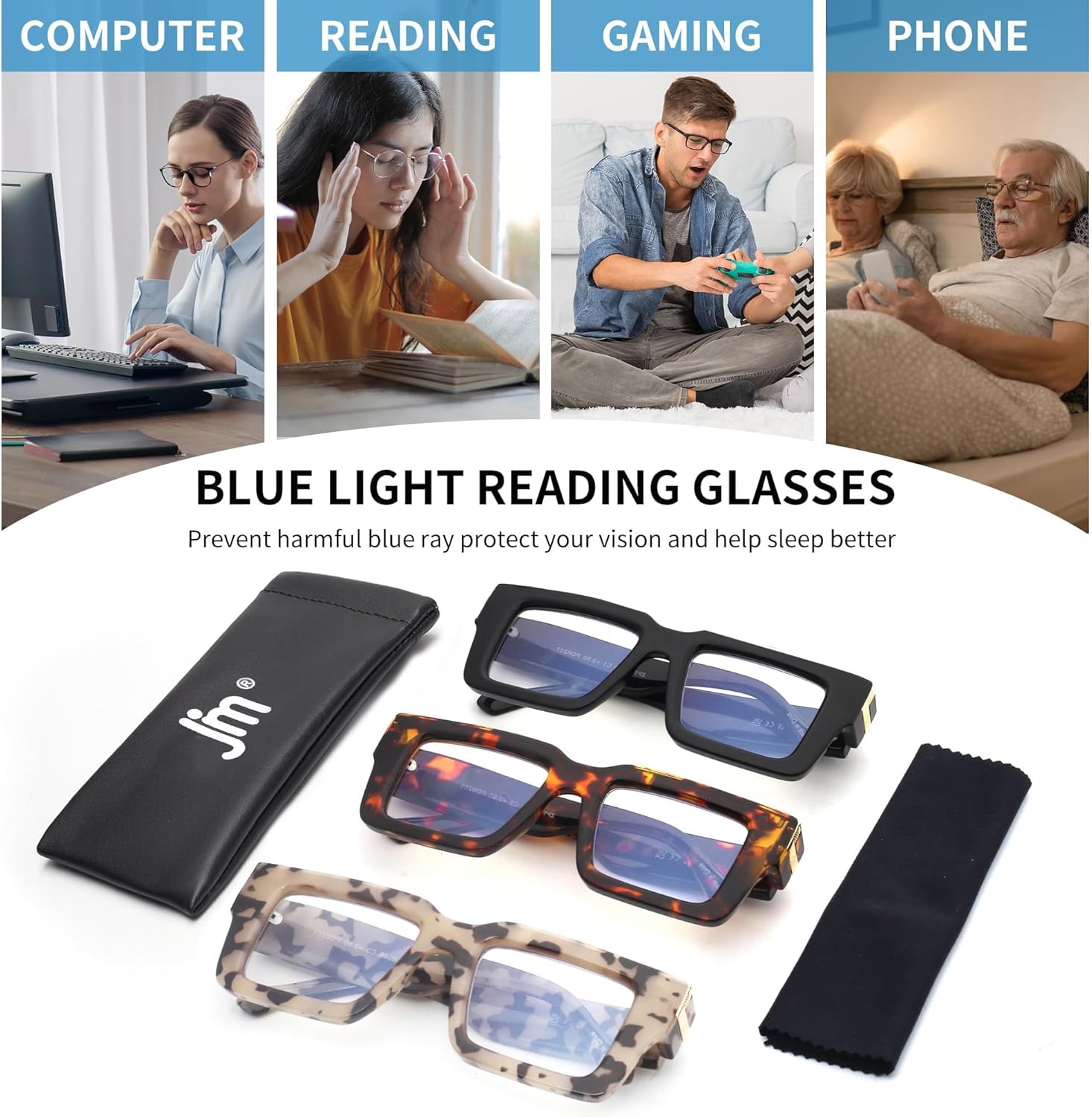 JM Paquete de 3 lentes de lectura estilo Oprah para mujeres y hombres, lectores cuadrados con bloqueo de luz azul
