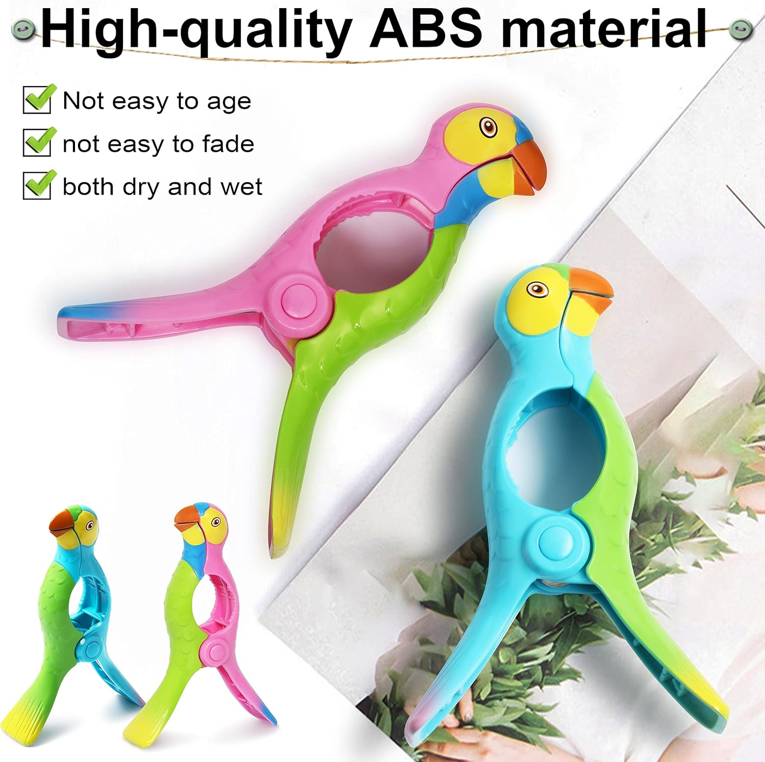 Kaluofan 4 clips de toalla para sillas, clips fuertes para toallas, accesorios de playa con forma de loro vívido (azul + rosa)