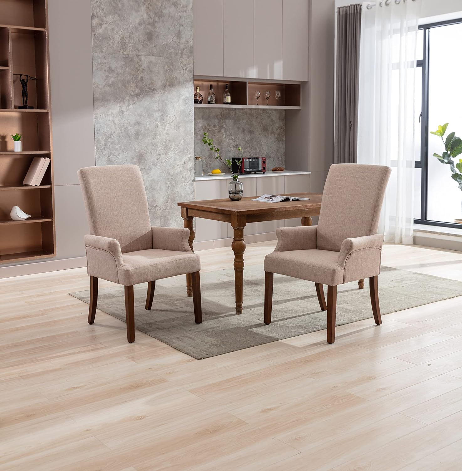 Restworld Sillas de comedor con brazos, tapizado capitoné con respaldo alto, ribete clavado con patas de madera de roble Untique para cocina,