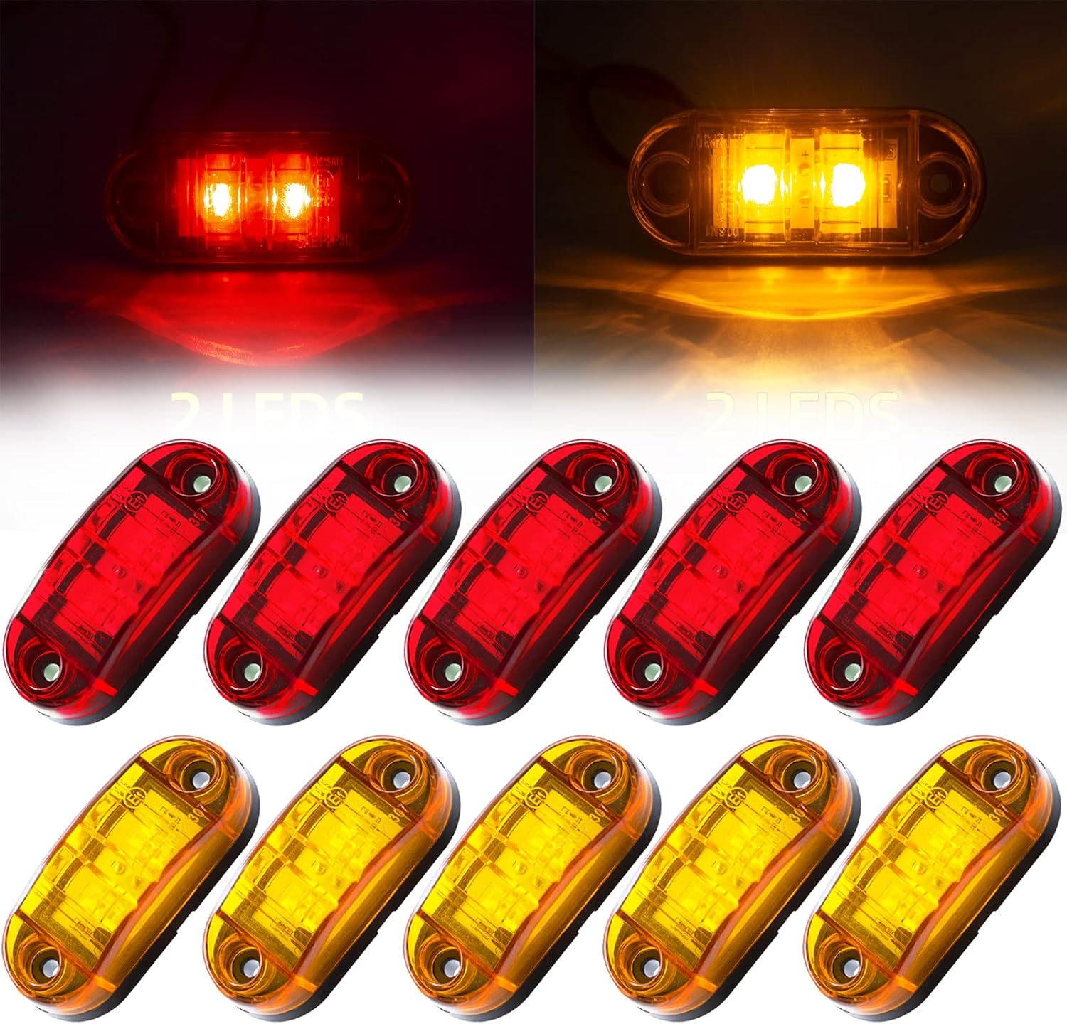 (5 unidades, ámbar, 5 unidades, rojo) 2.5 pulgadas, 2 diodos, luces de marcador lateral de remolque, luces ovaladas para remolque, luces de