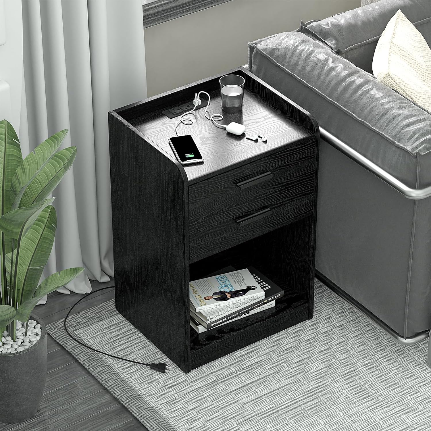 Mesas de noche, mesita de noche LED con estación de carga, mesa auxiliar pequeña de madera con cajón para dormitorio, sala de estar, color negro