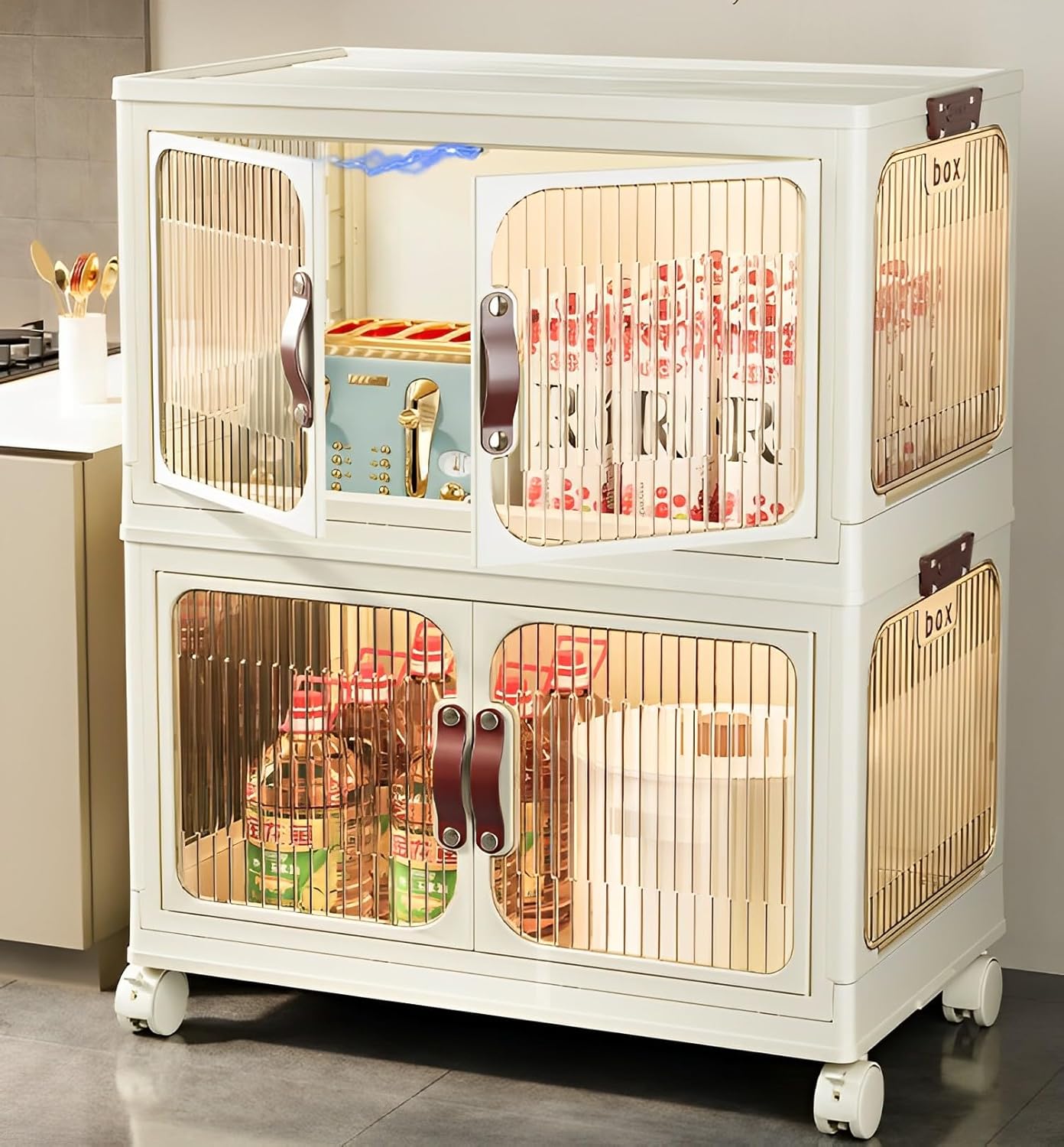 Gagee Contenedores de almacenamiento de 5 capas con 2 tapas, ruedas de plástico grande, caja de almacenamiento plegable, apilable de 28 cuartos de
