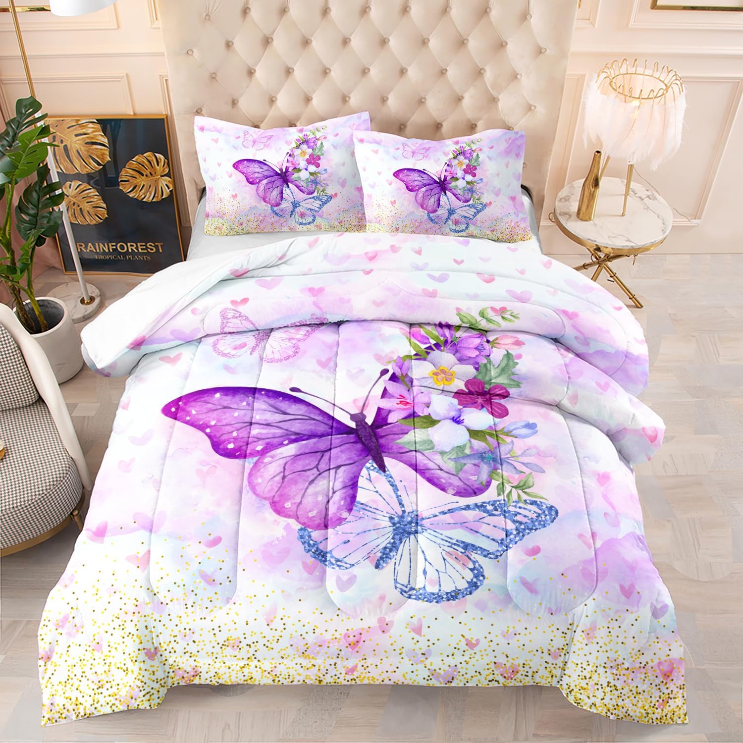 CVHOUSE Hermoso juego de edredón de mariposa, tamaño individual, juego de ropa de cama de flores en flor y mariposa voladora, juego de edredón suave
