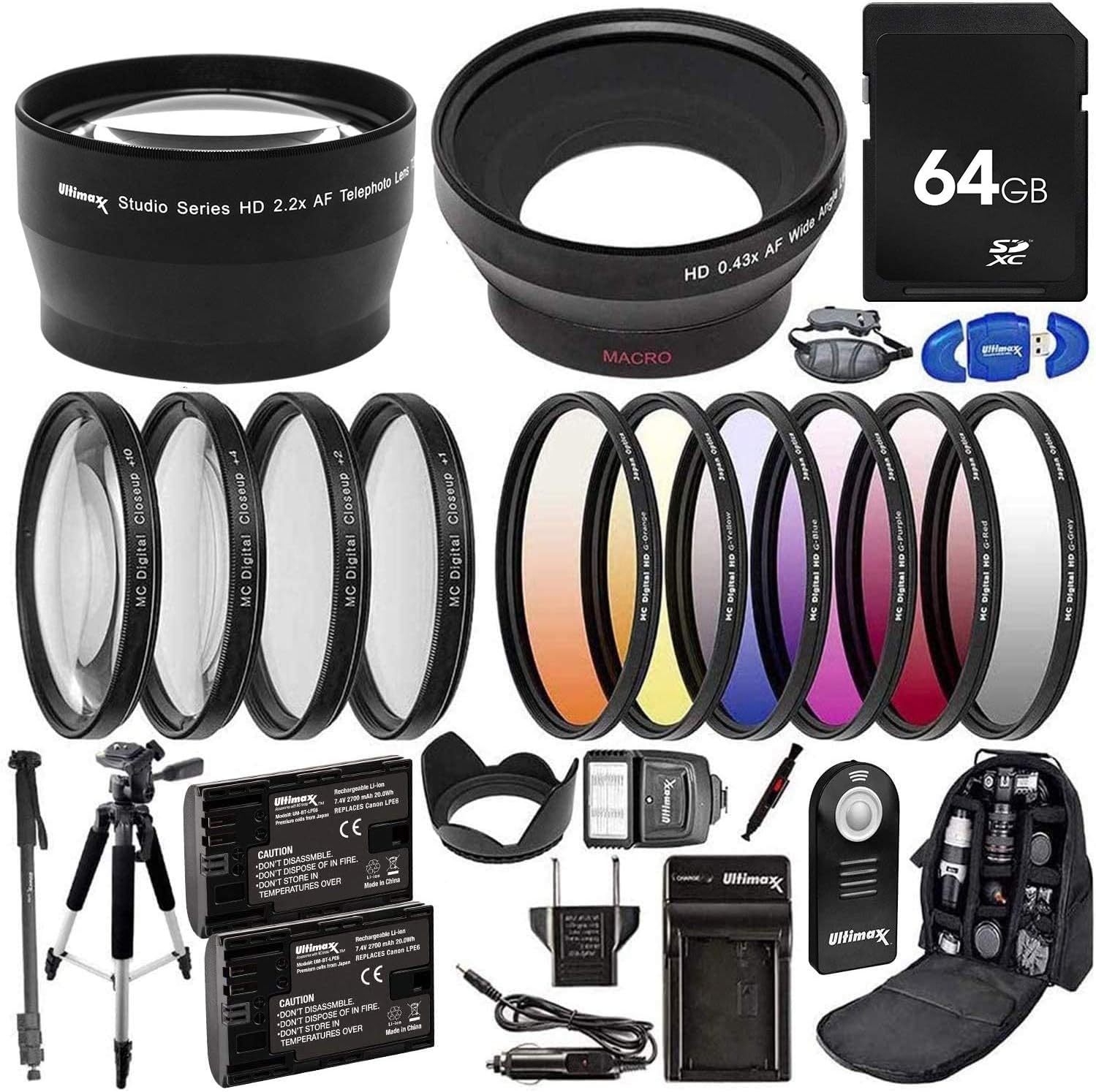 Ultimaxx Kit de accesorios de 2.283 in para Canon EOS 70D, 80D, 90D, 5DS, 5DSR, 6D, 6D Mark II, 7D, 7D Mark II y más incluye 2 baterías LP-E6,