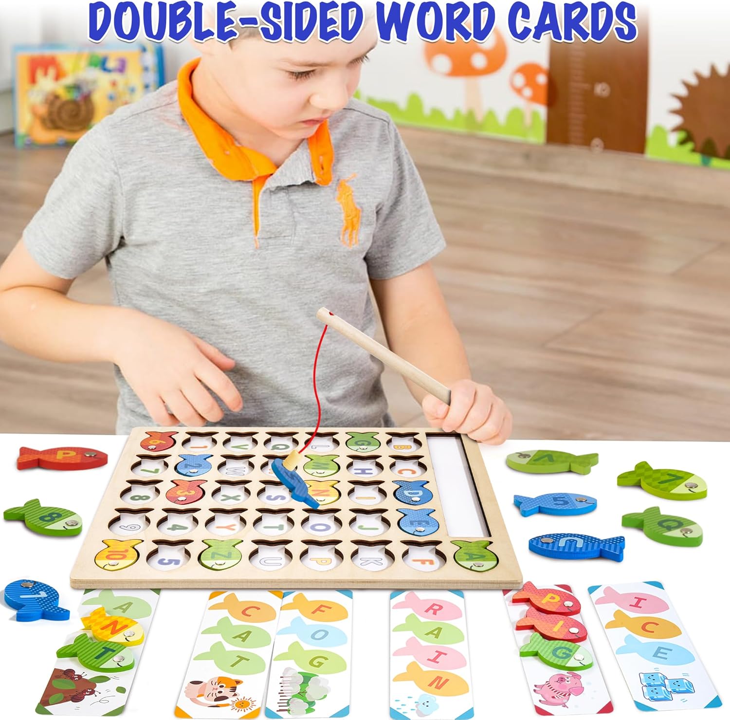 Juego de pesca magnética de madera, rompecabezas Montessori preescolar del alfabeto ABC aprendizaje juguetes educativos con tarjetas de palabras,