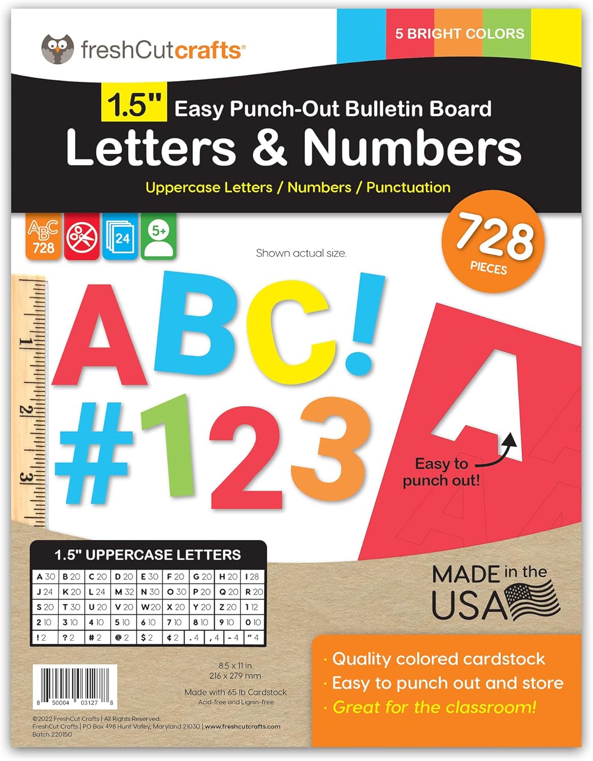 FreshCut Crafts 728 letras y números brillantes de 1.5 pulgadas para tablón de anuncios, letras del alfabeto mayúsculas, números, puntuación,