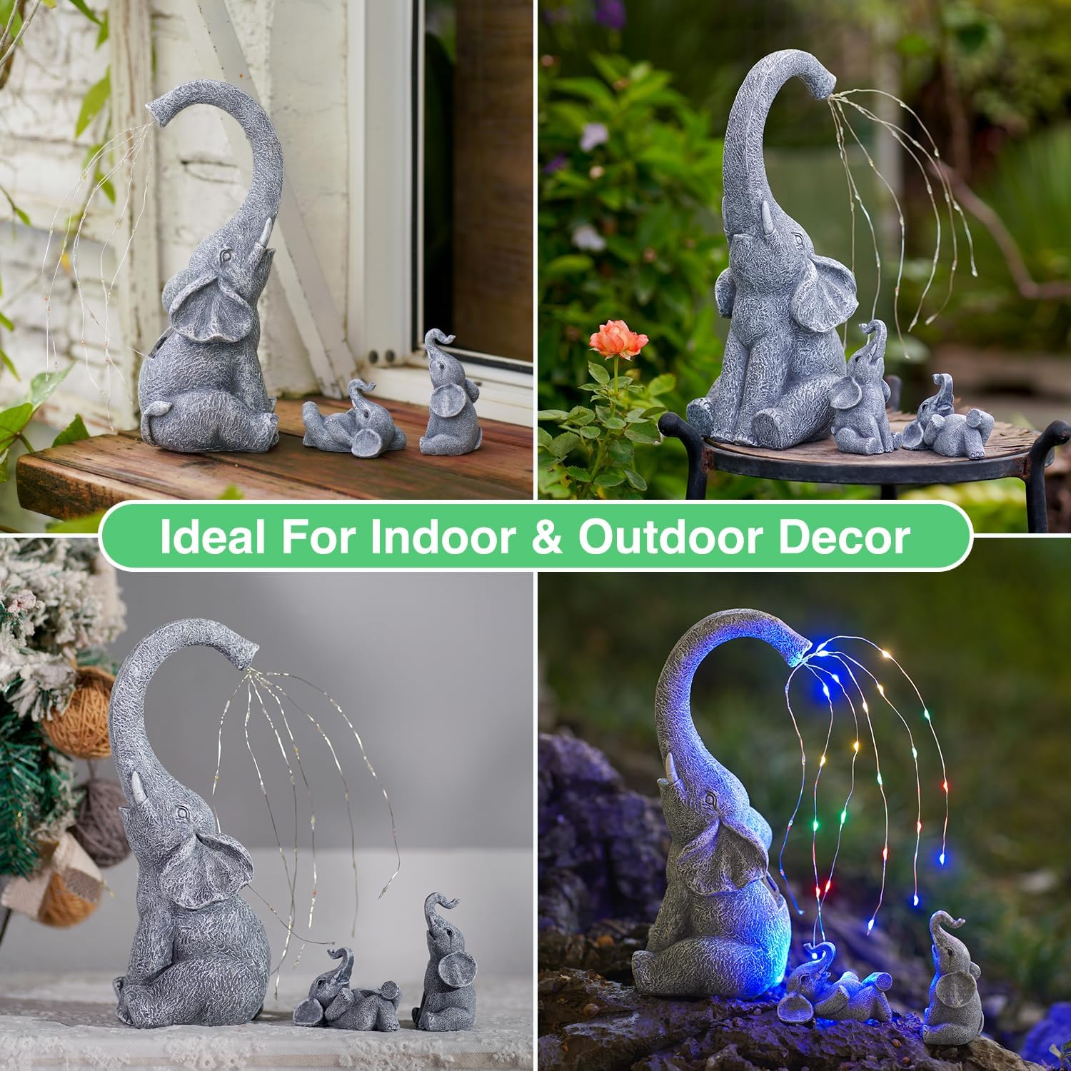 Goodeco Estatua de elefante de jardín para exteriores, regalos de elefante con luces de riego solares, figura de elefante sentado perfecta para